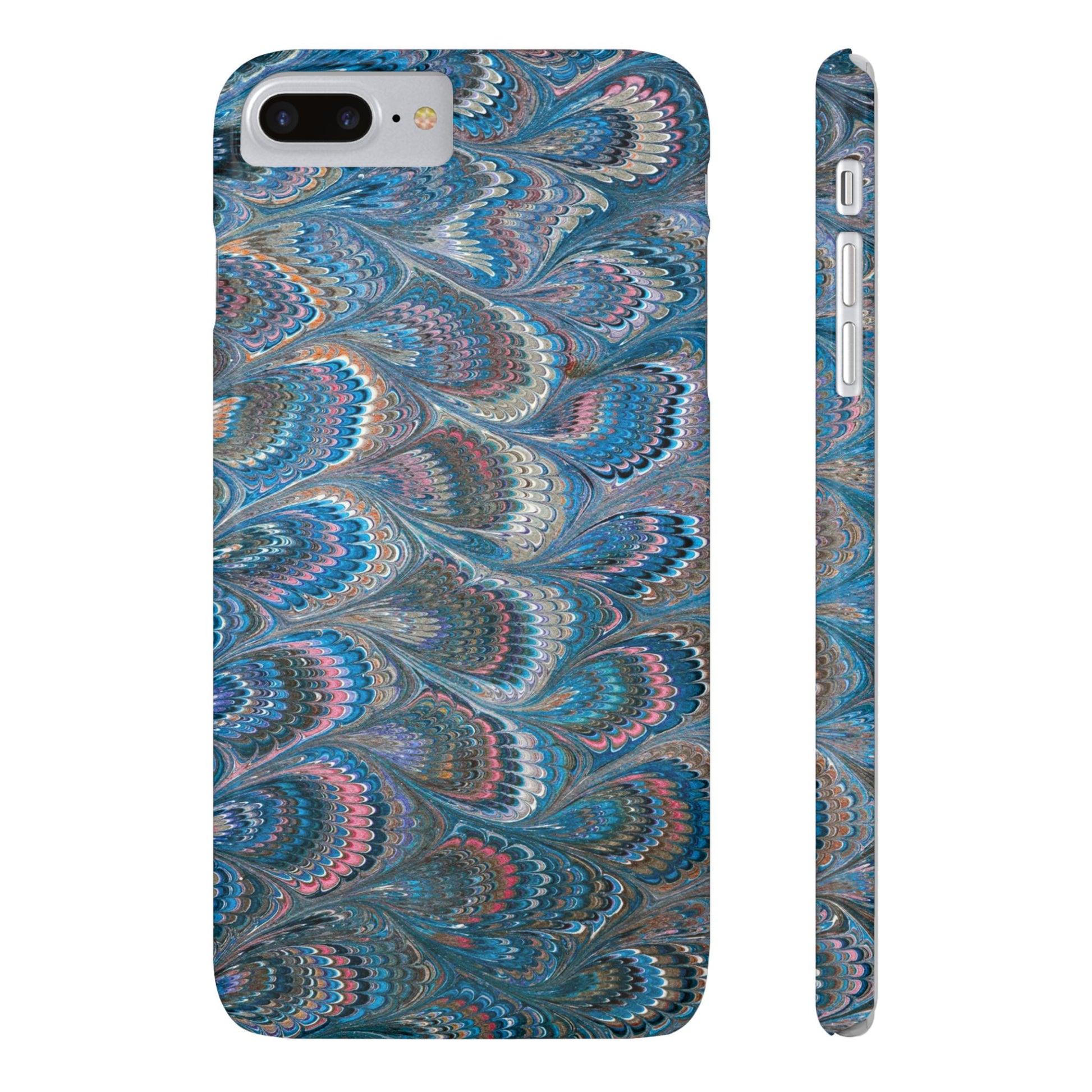 Blue and Pink FEATHER PEACKOCK Marbled VIntage Design, Italian Feather Phone Case, Slim Phone Cases, IPHONE 16 and all sizes