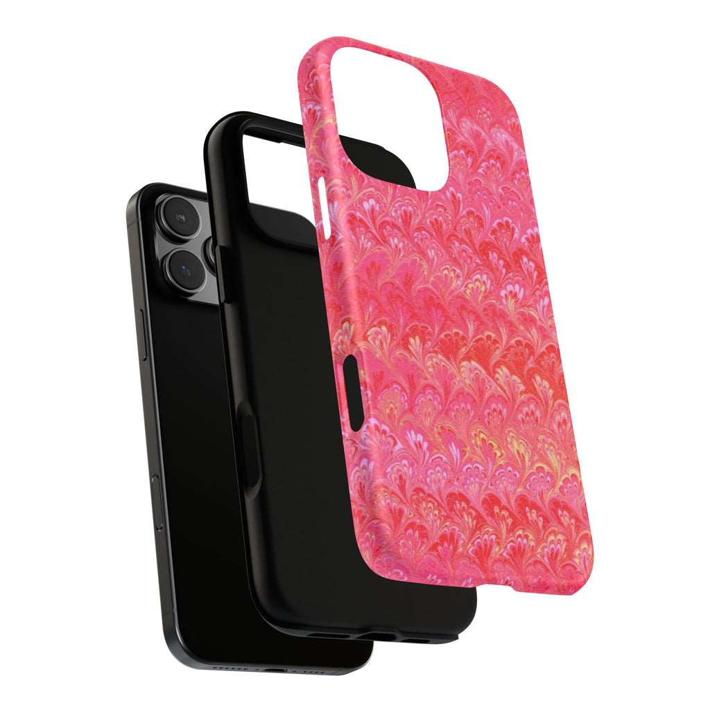 Pink and Gold Marbled Peacock Durable Phone Case - Olive Green and Brown - Matte or Glossy