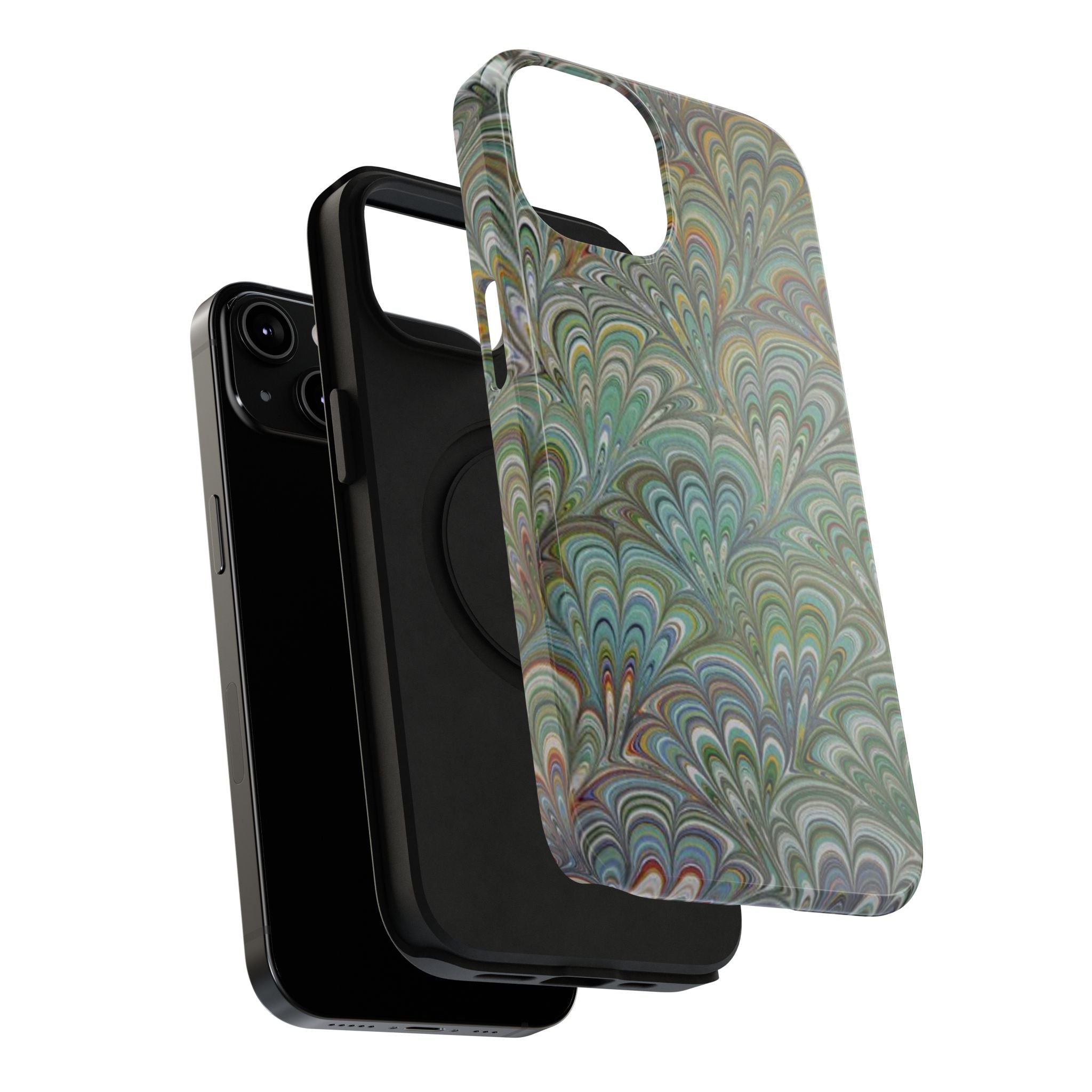 iPhone17 + All Models Phone Cases, Italian Peacock Feather Design, Stylish Impact-Resistant Shell, Protective Cover, Green Peacock Print