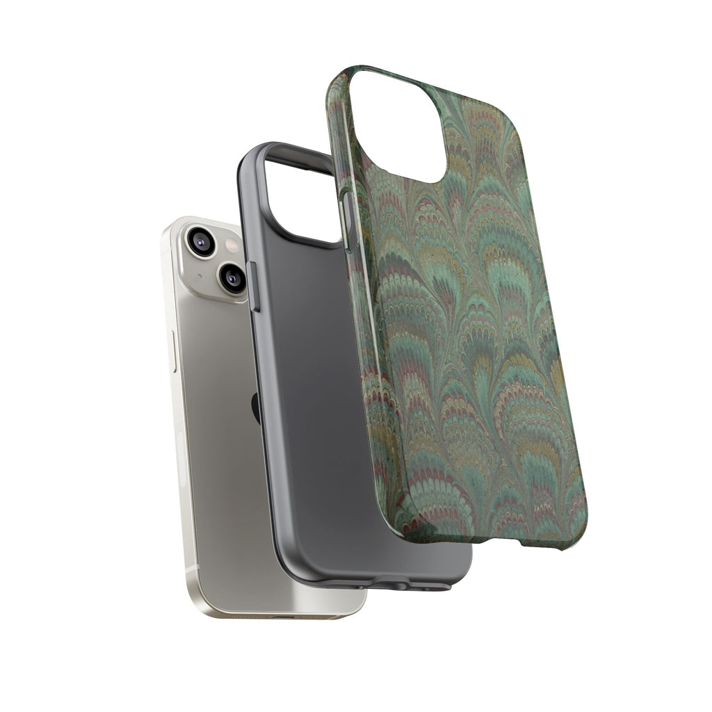 Marbled Peacock Durable Phone Case - Olive Green and Brown - Matte or Glossy