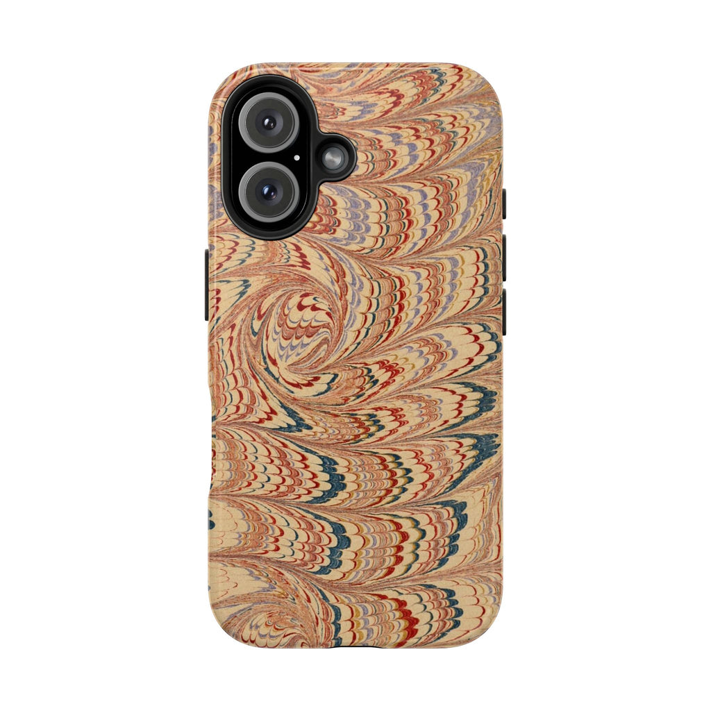 Vintage Florentine - Beige, Blue + Burgundy Marbled Peacock Feather Dual Layer Phone Case