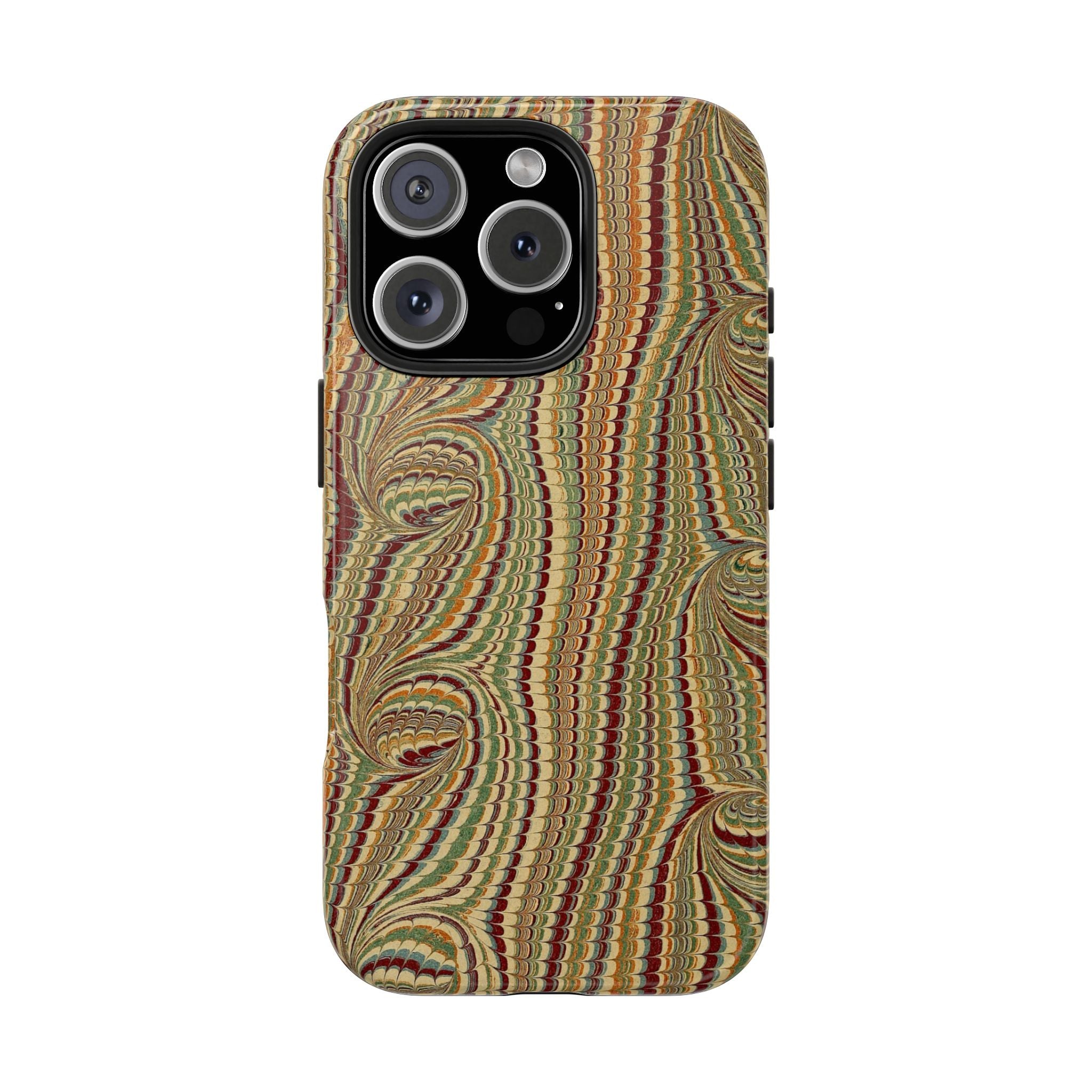 Vintage Fall Colors Marbled Peacock Feather Dual Layer Phone Case - Burgundy, Green, Beige, Gold Swirl