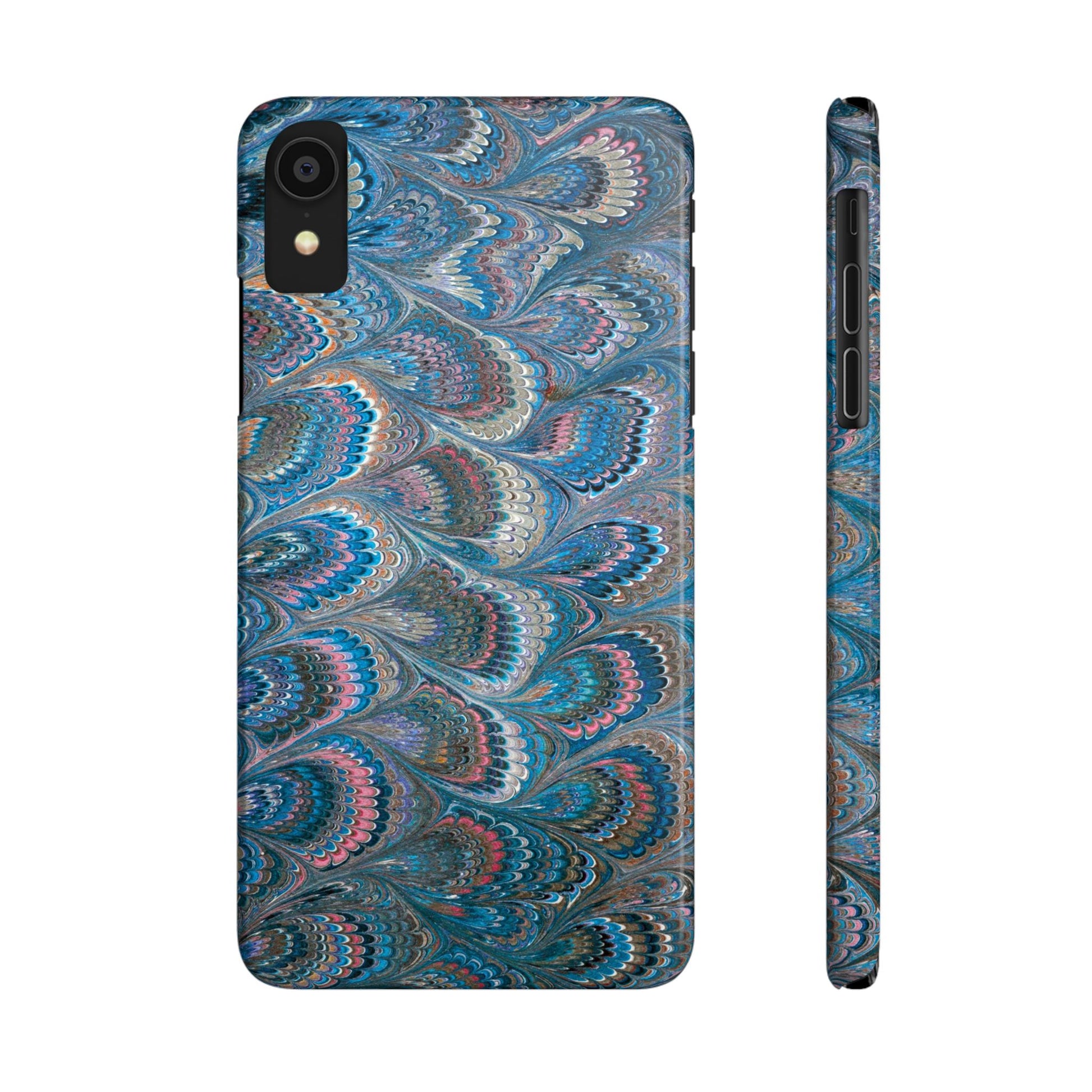 Blue and Pink FEATHER PEACKOCK Marbled VIntage Design, Italian Feather Phone Case, Slim Phone Cases, IPHONE 16 and all sizes