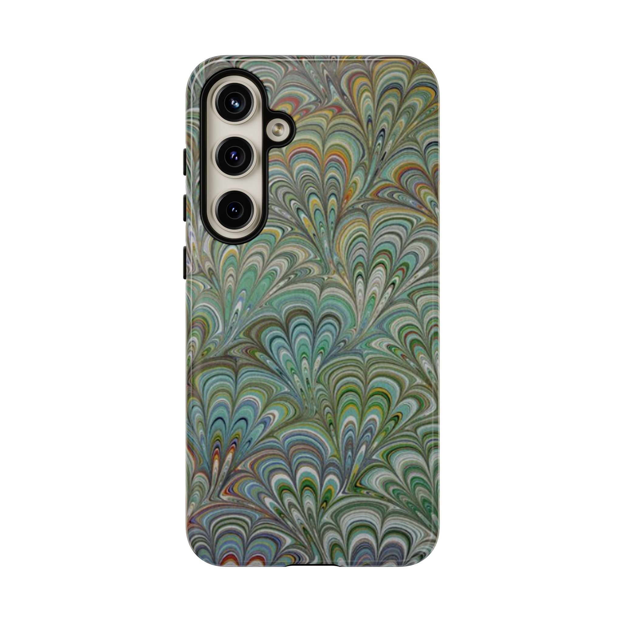 Green Marbled Peacock Durable Phone Case - Olive Green and Brown - Matte or Glossy