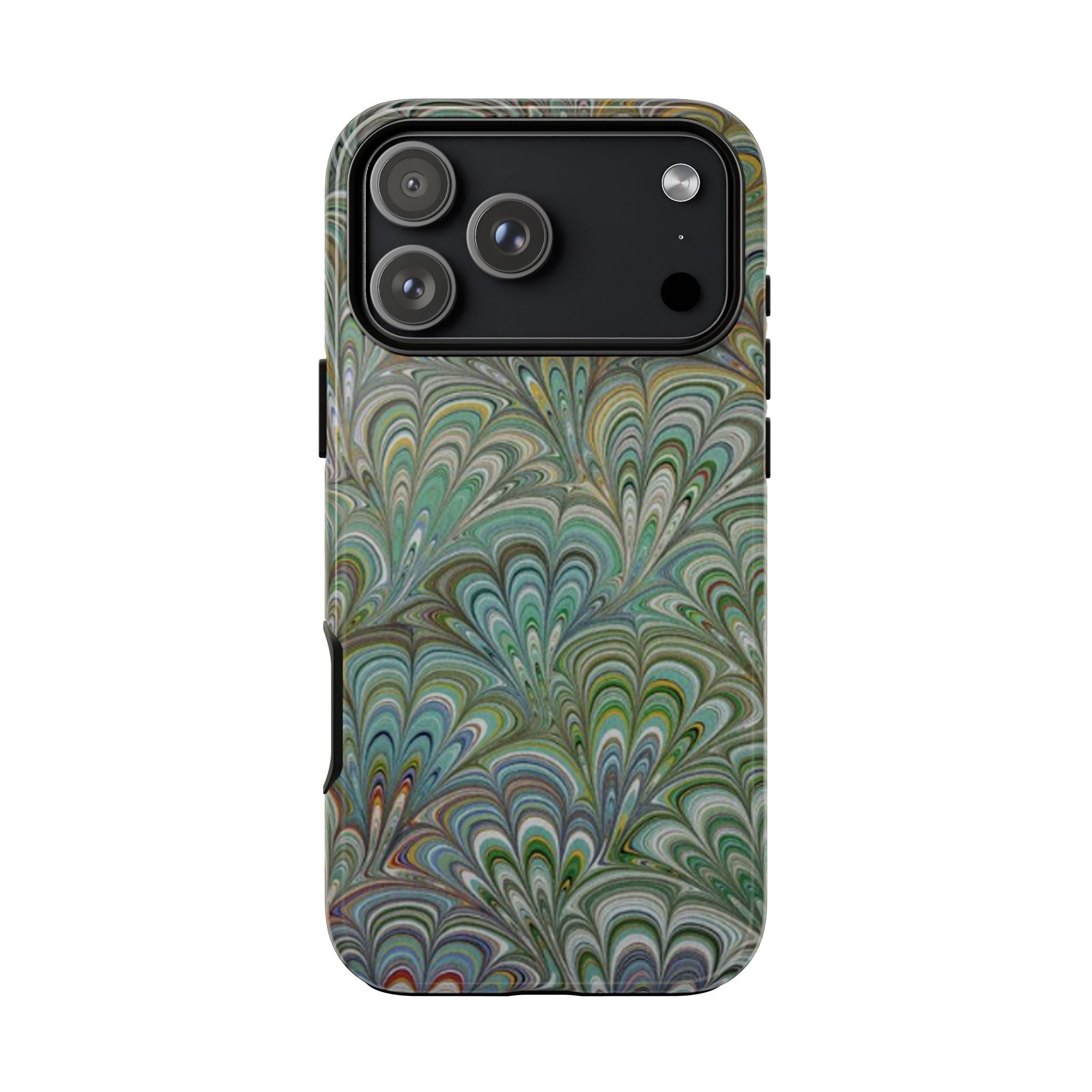 Green Marbled Peacock Durable Phone Case - Olive Green and Brown - Matte or Glossy