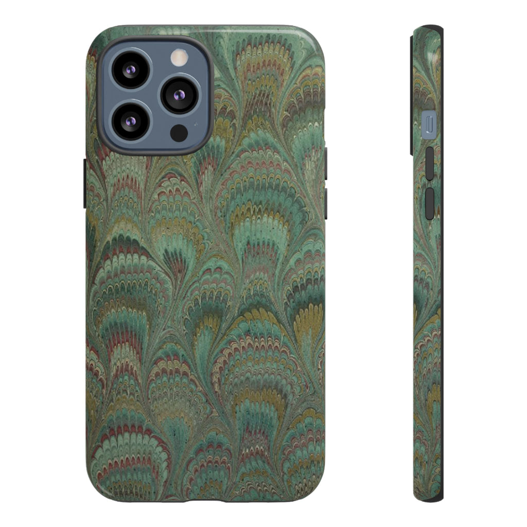 Marbled Peacock Durable Phone Case - Olive Green and Brown - Matte or Glossy