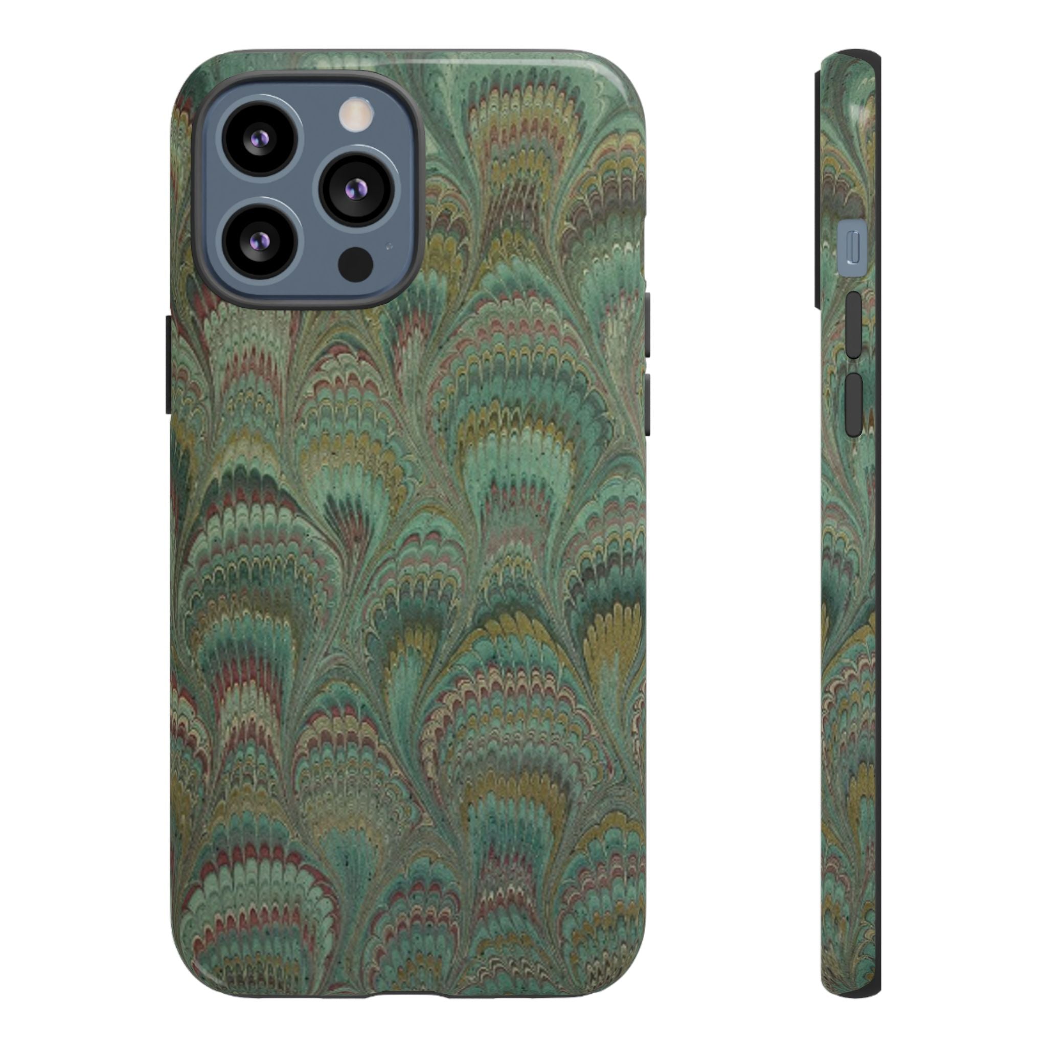Marbled Peacock Durable Phone Case - Olive Green and Brown - Matte or Glossy