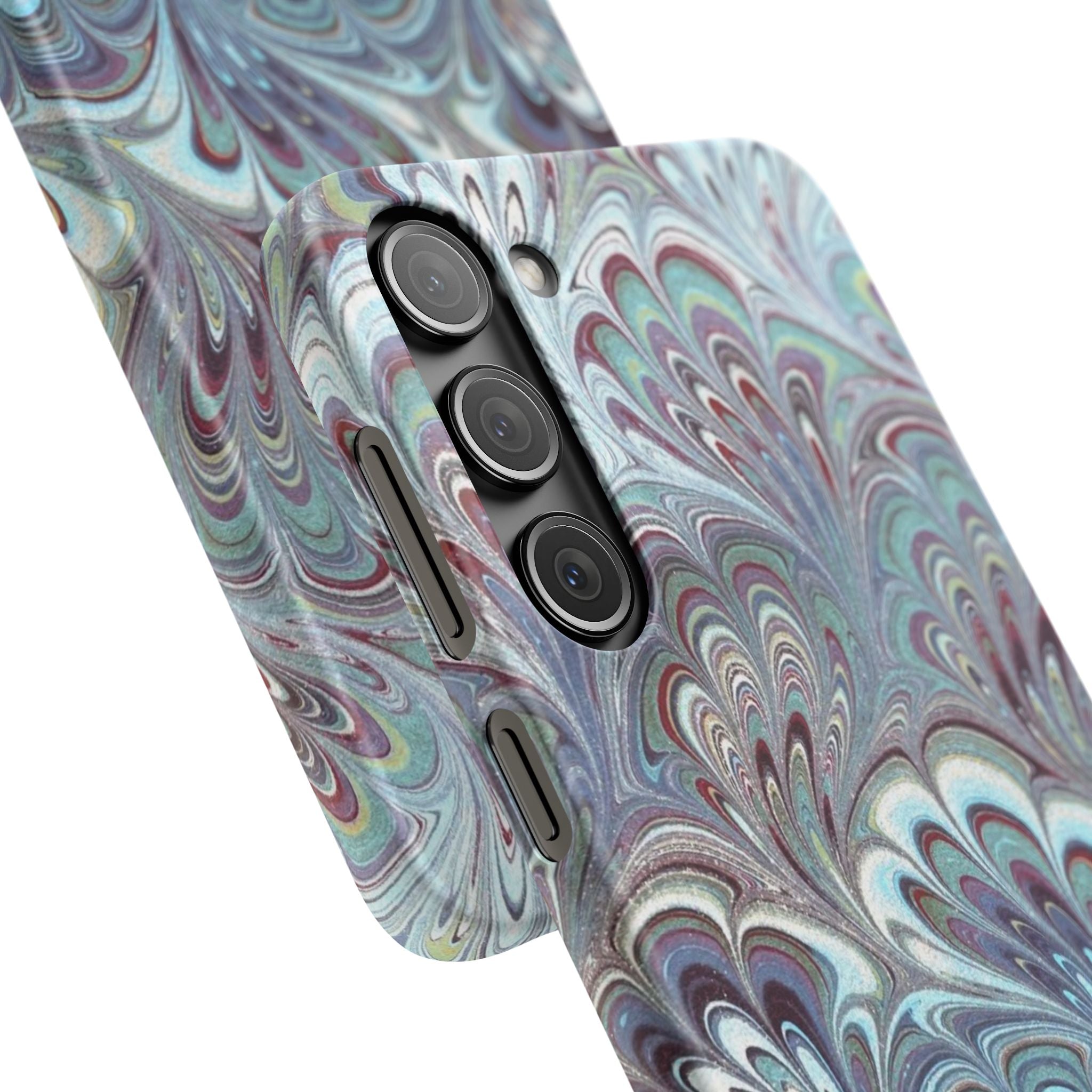 Marbled Feather Blue, White + Burgundy Swirl - Single Layer Slim Phone Case