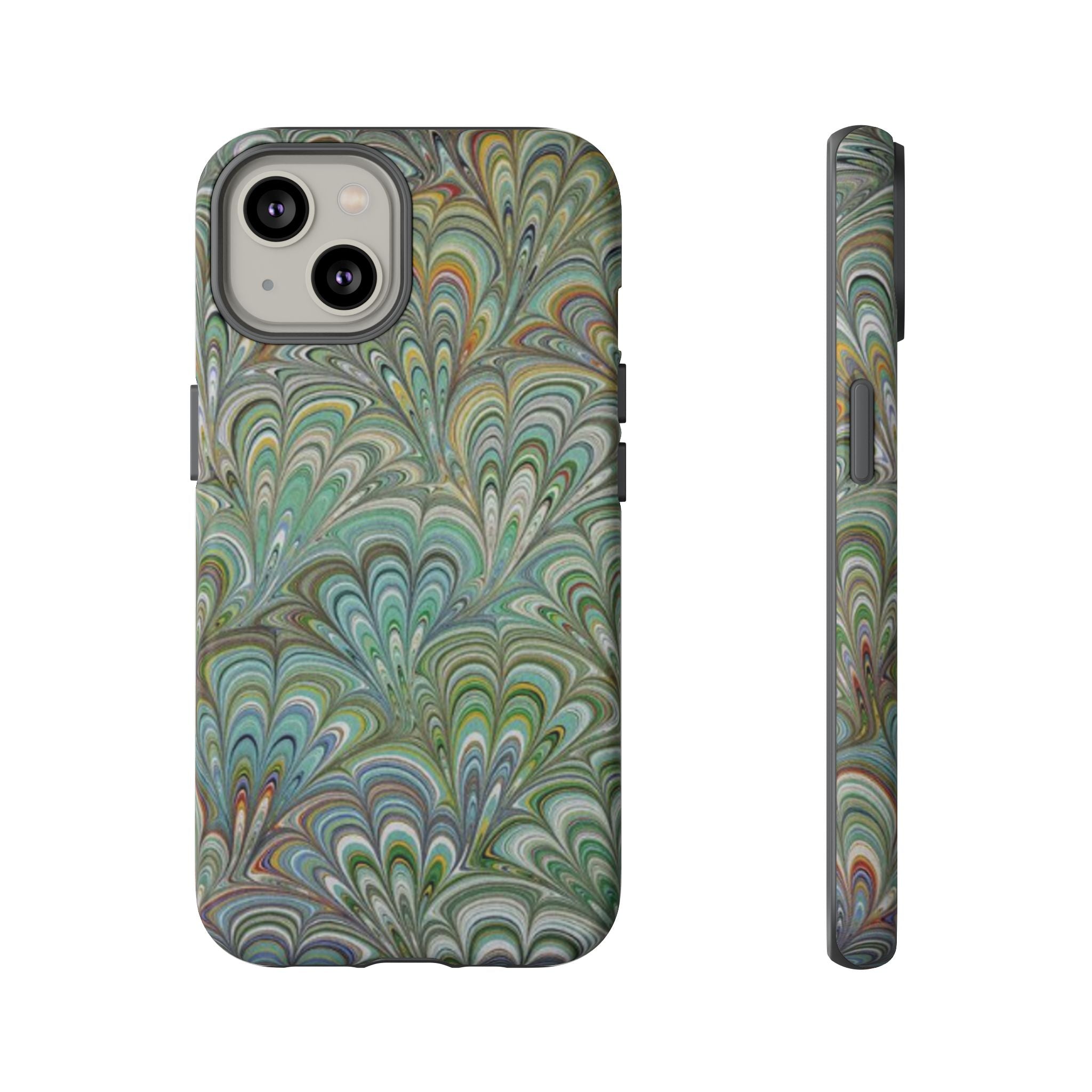 Green Marbled Peacock Durable Phone Case - Olive Green and Brown - Matte or Glossy