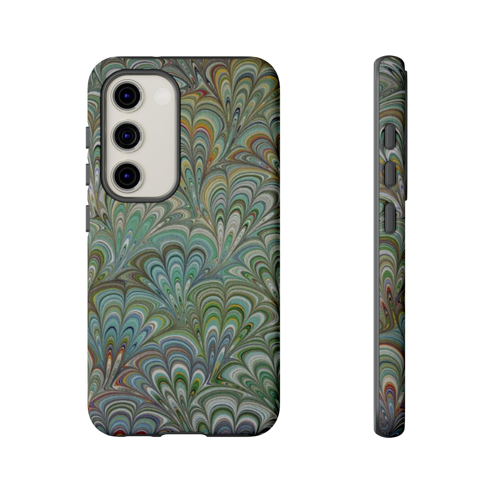 Green Marbled Peacock Durable Phone Case - Olive Green and Brown - Matte or Glossy