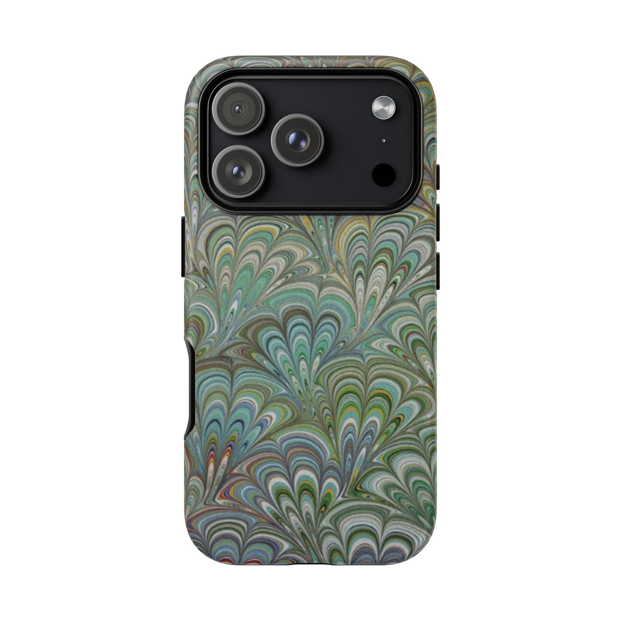 Green Marbled Peacock Durable Phone Case - Olive Green and Brown - Matte or Glossy