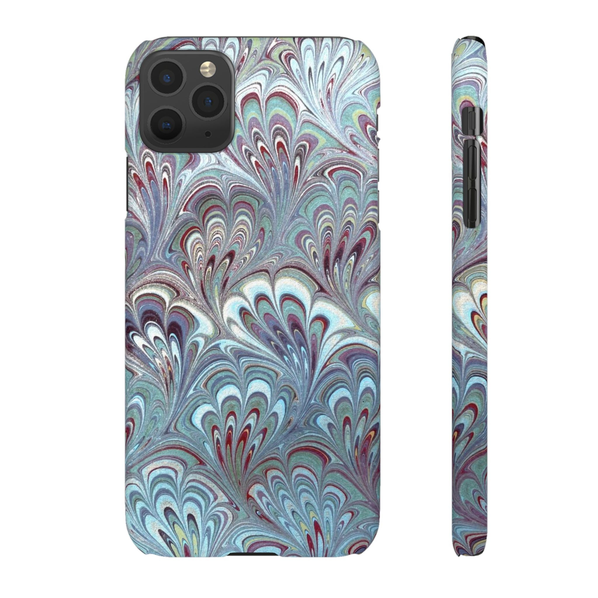 Marbled Feather Blue, White + Burgundy Swirl - Single Layer Slim Phone Case