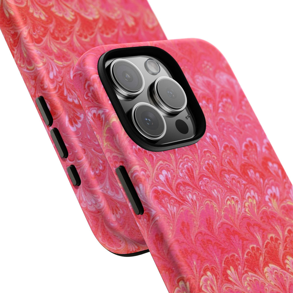 Pink and Gold Marbled Peacock Durable Phone Case - Olive Green and Brown - Matte or Glossy