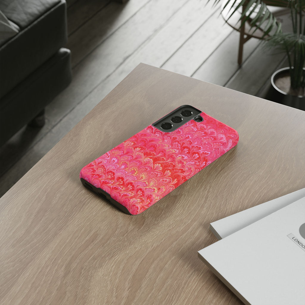 Pink and Gold Marbled Peacock Durable Phone Case - Olive Green and Brown - Matte or Glossy