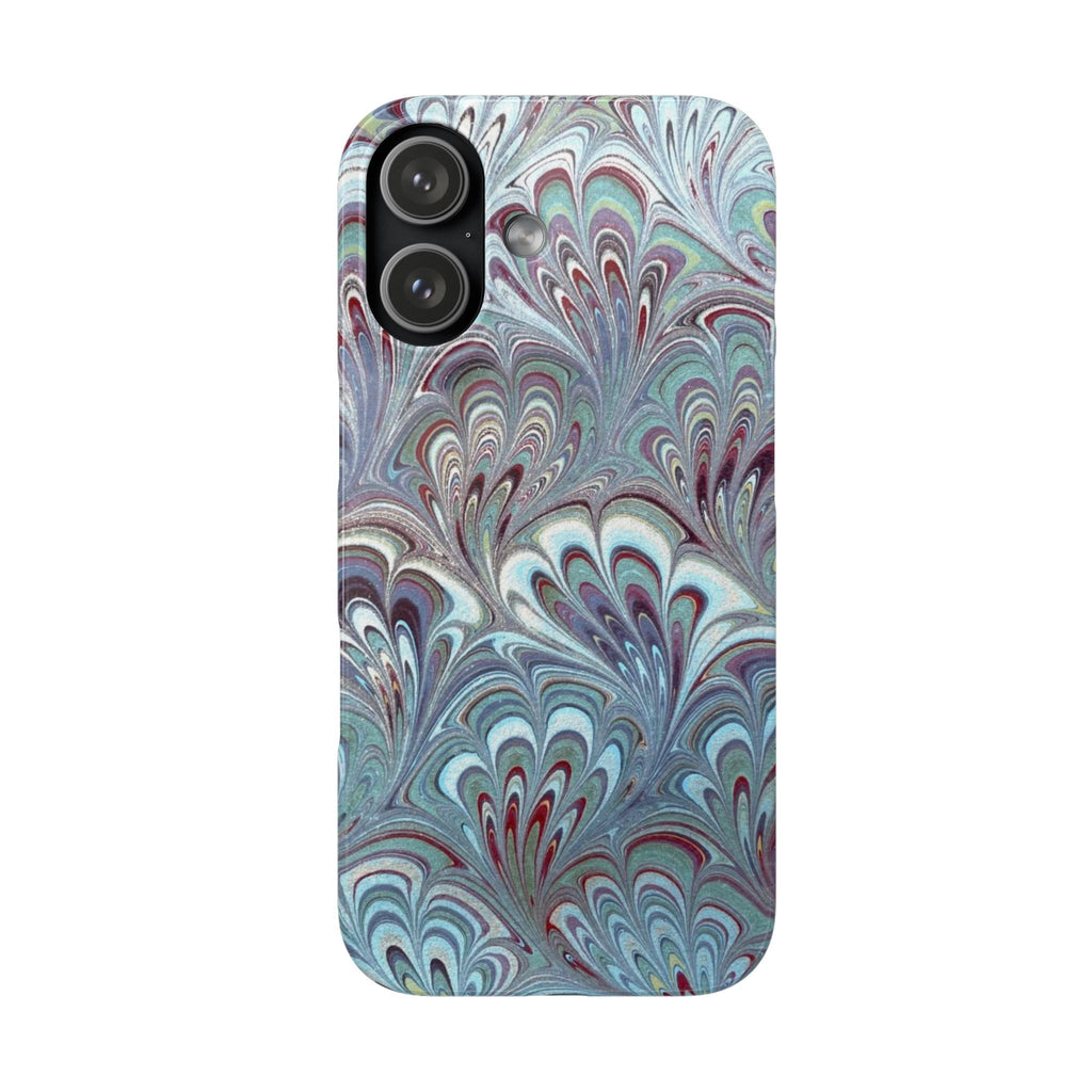 Marbled Feather Blue, White + Burgundy Swirl - Single Layer Slim Phone Case