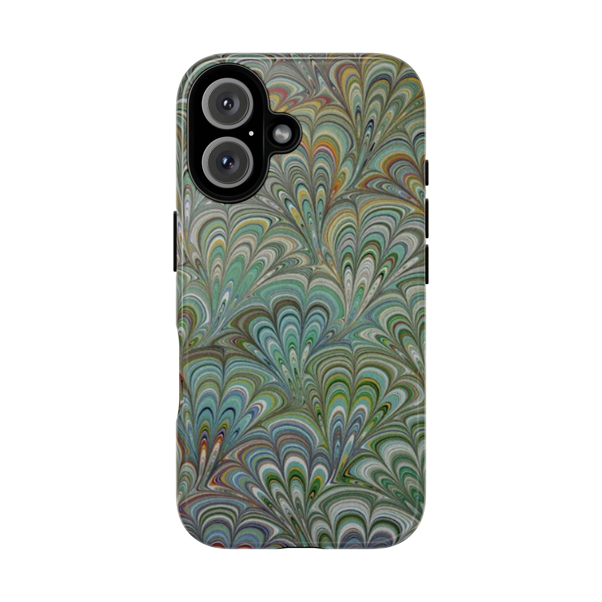 Green Marbled Peacock Durable Phone Case - Olive Green and Brown - Matte or Glossy