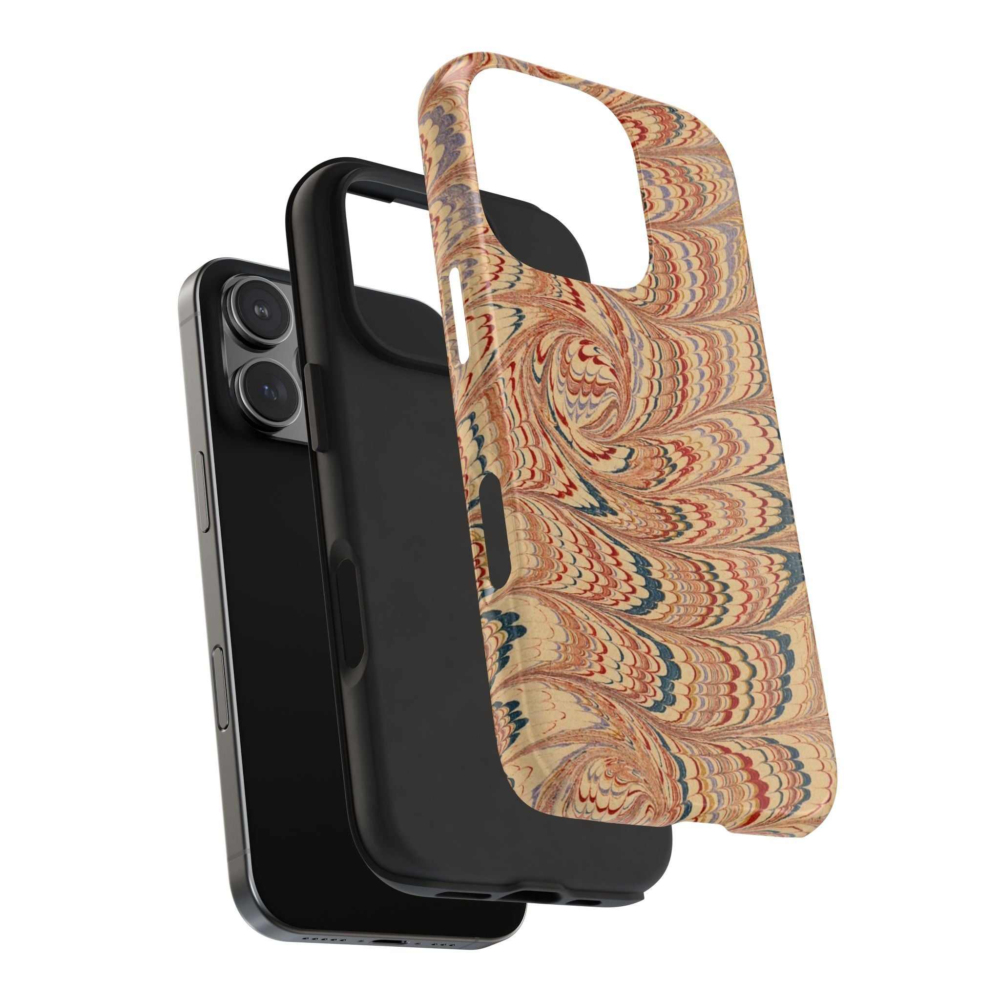 Vintage Florentine - Beige, Blue + Burgundy Marbled Peacock Feather Dual Layer Phone Case