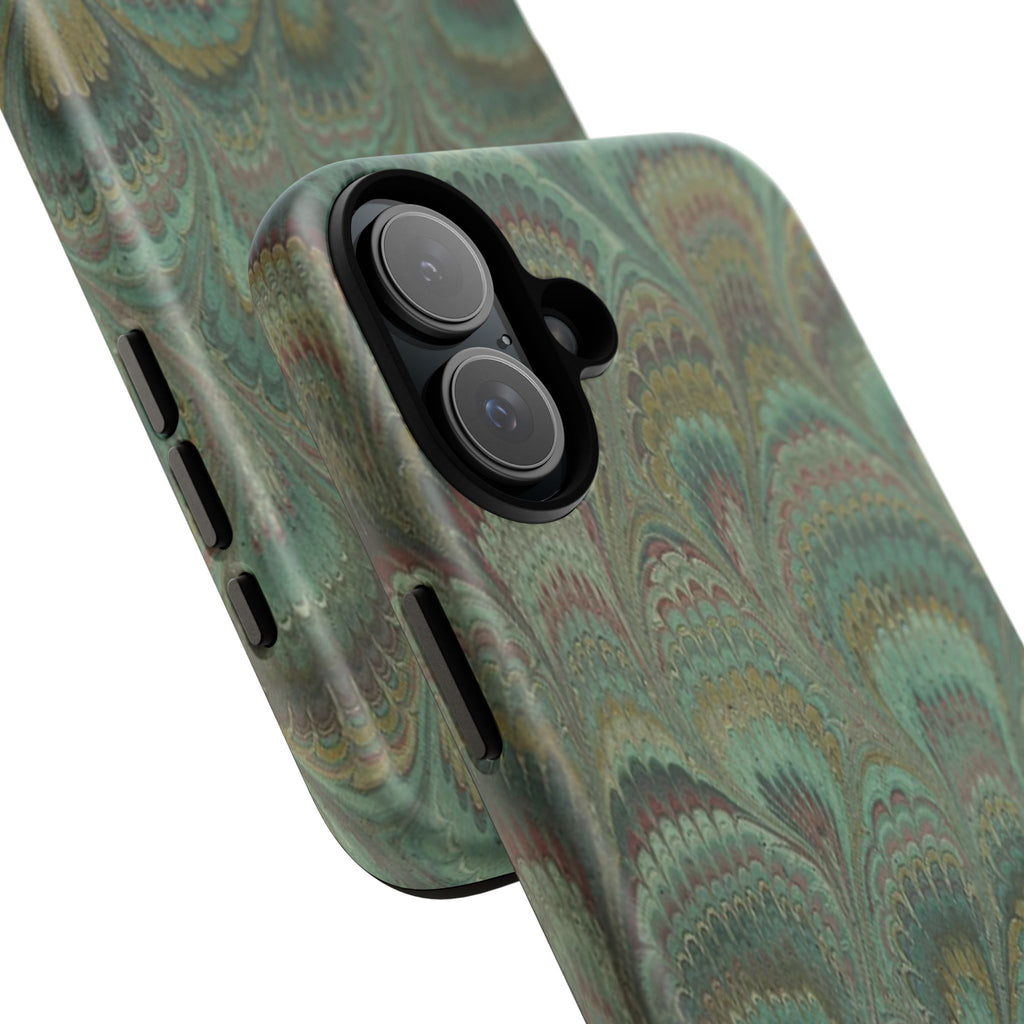 Marbled Peacock Durable Phone Case - Olive Green and Brown - Matte or Glossy