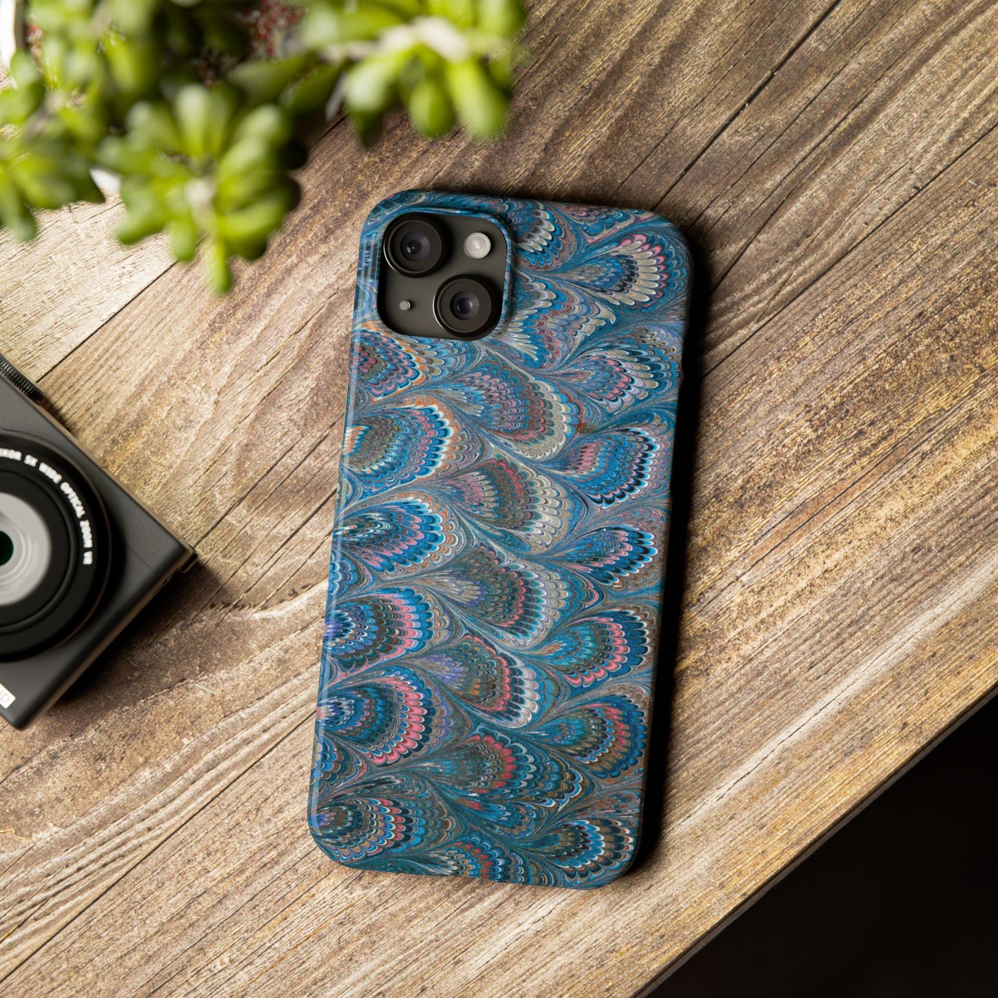 Blue and Pink FEATHER PEACKOCK Marbled VIntage Design, Italian Feather Phone Case, Slim Phone Cases, IPHONE 16 and all sizes