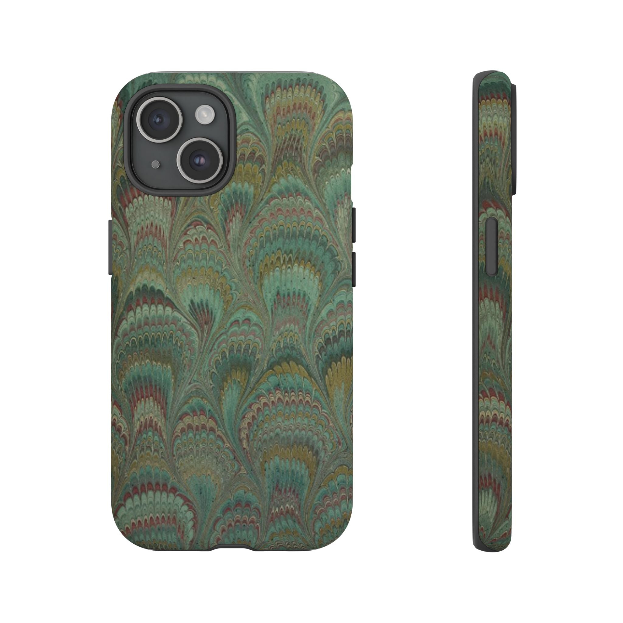 Marbled Peacock Durable Phone Case - Olive Green and Brown - Matte or Glossy