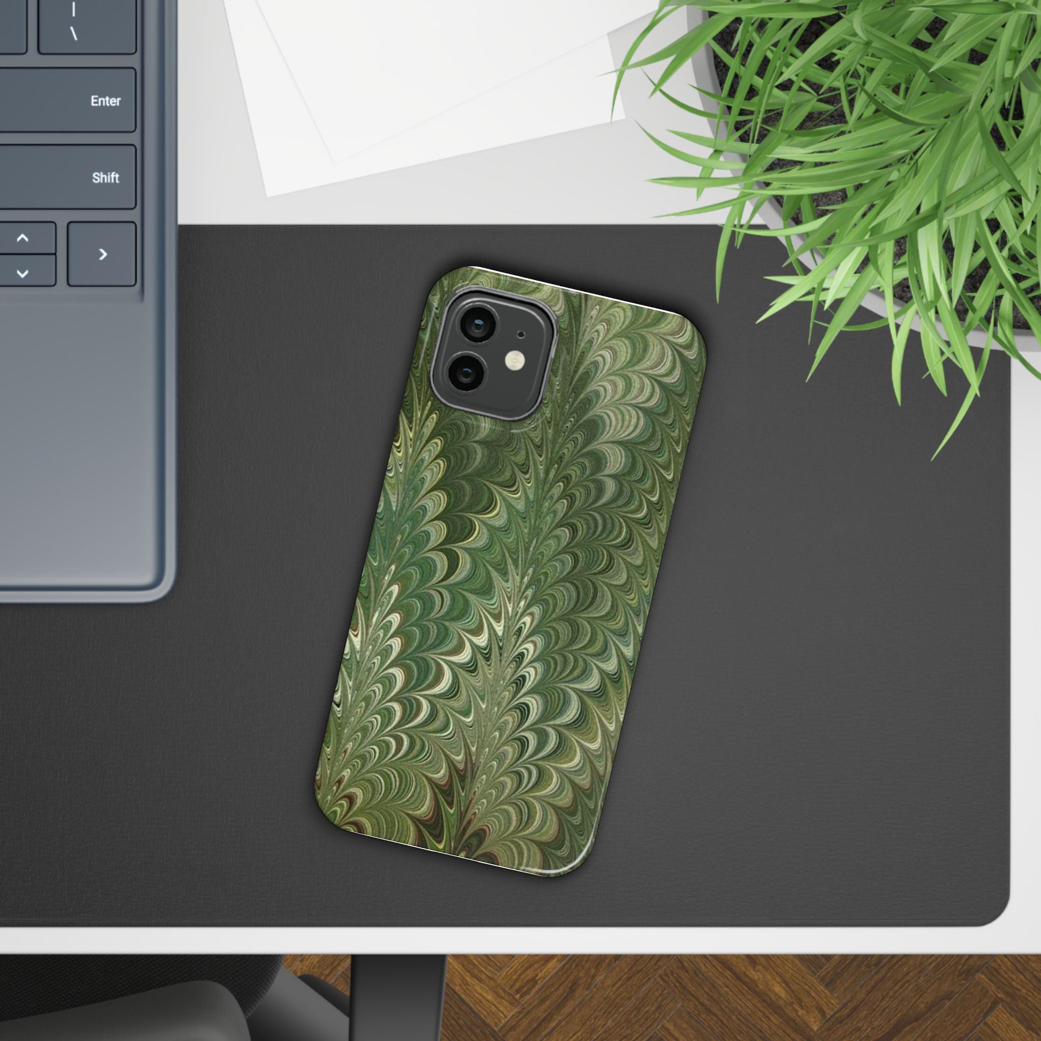 Green Marbled Slim Phone Case — Botanical Swirl Pattern Slim Case