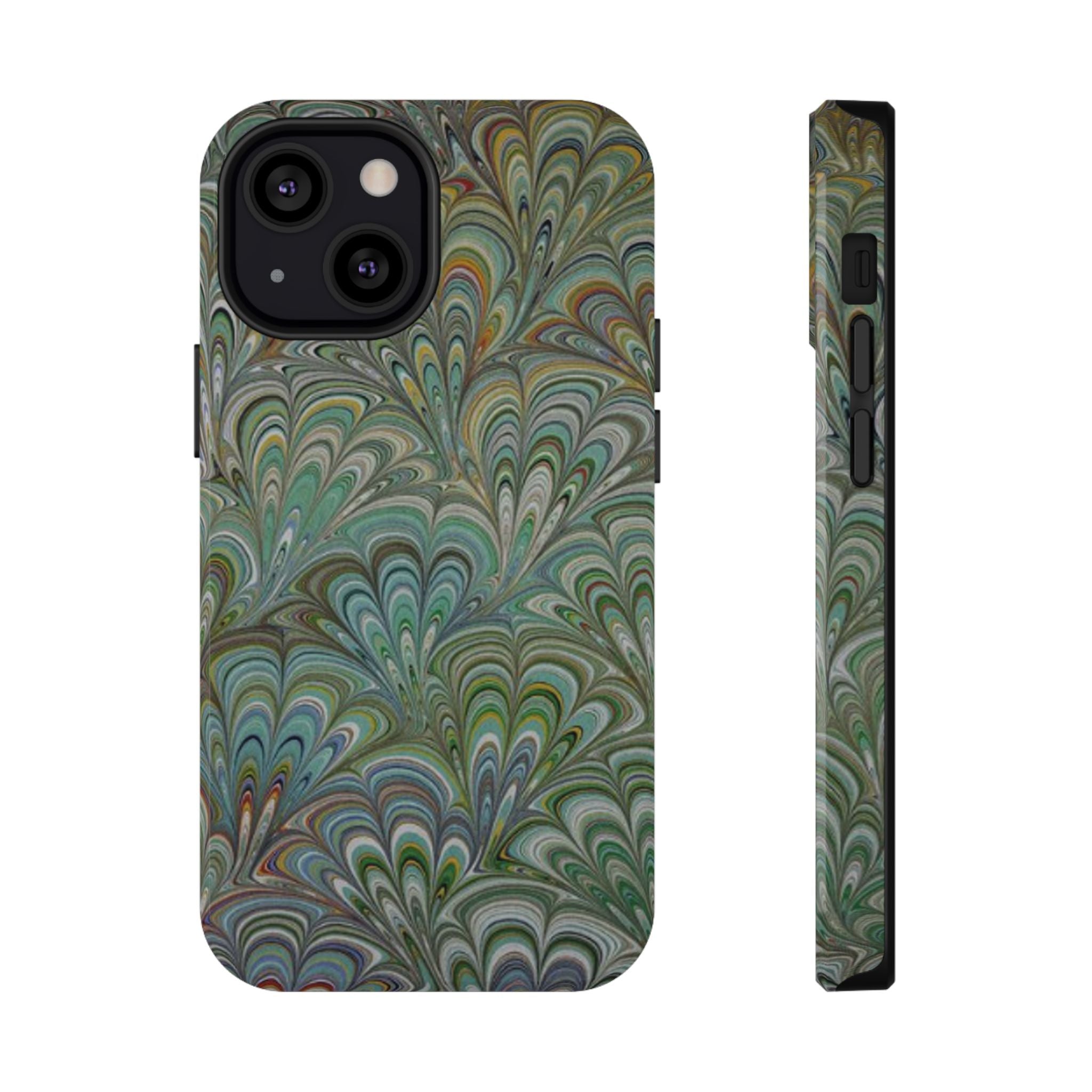 iPhone17 + All Models Phone Cases, Italian Peacock Feather Design, Stylish Impact-Resistant Shell, Protective Cover, Green Peacock Print