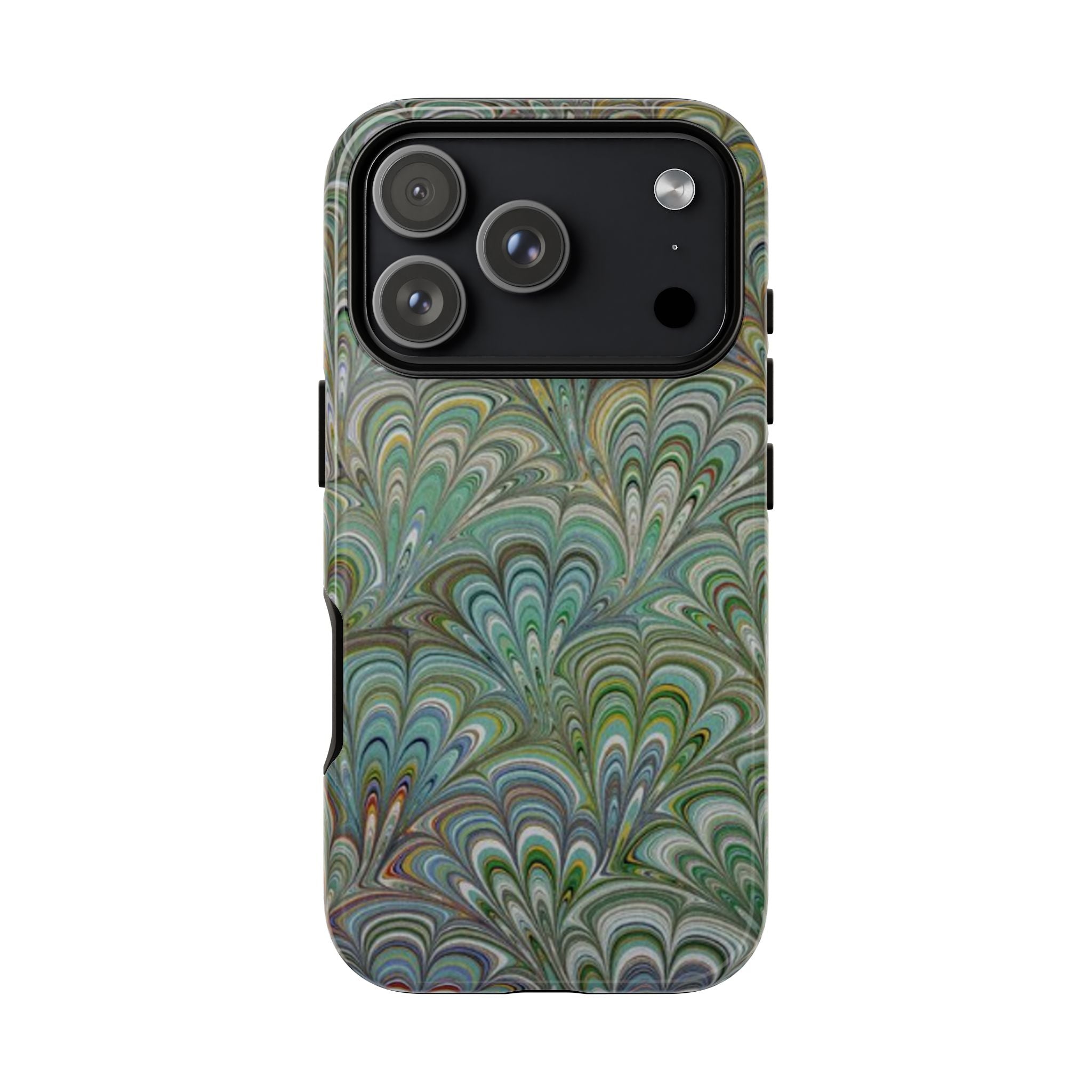 Green Marbled Peacock Durable Phone Case - Olive Green and Brown - Matte or Glossy