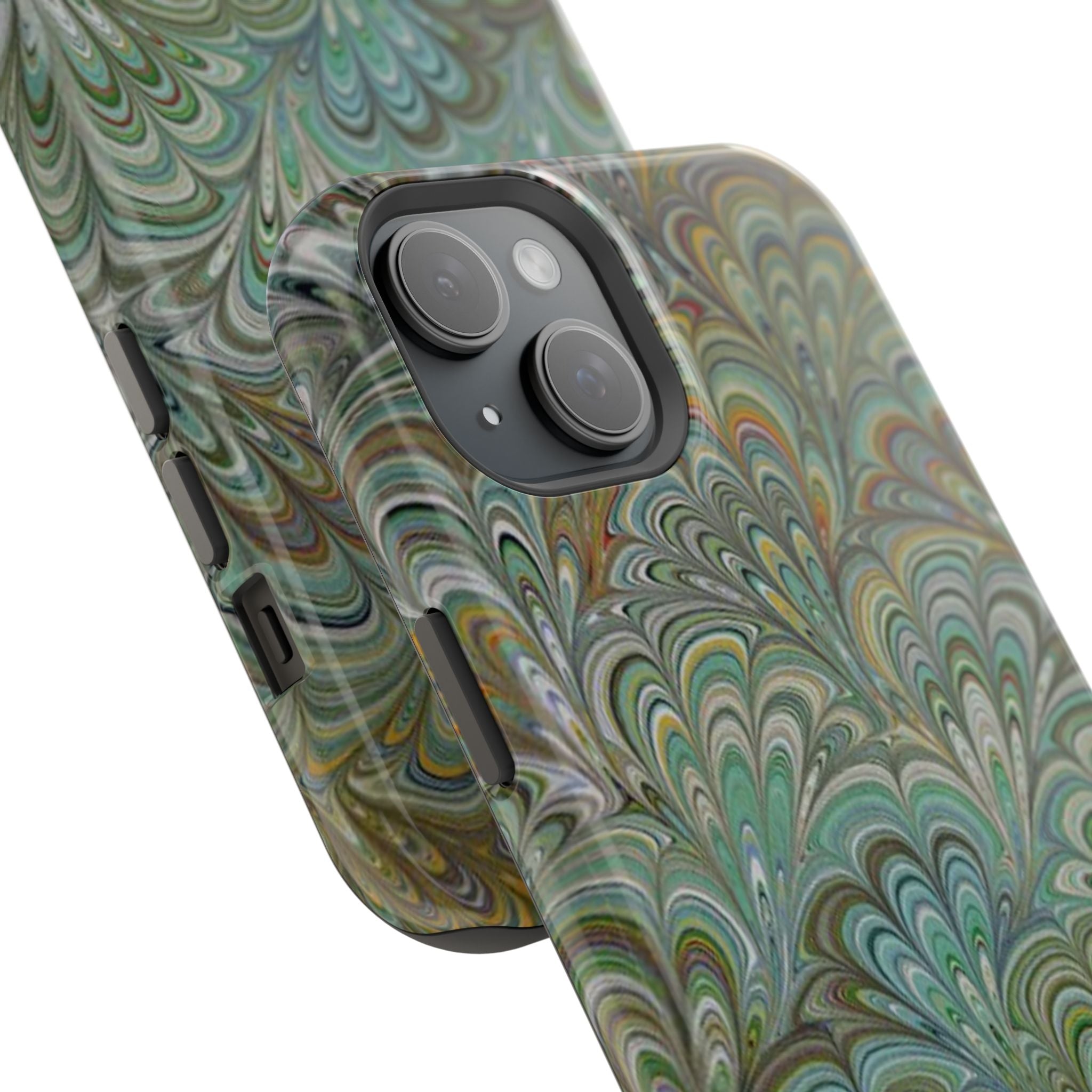 iPhone17 + All Models Phone Cases, Italian Peacock Feather Design, Stylish Impact-Resistant Shell, Protective Cover, Green Peacock Print