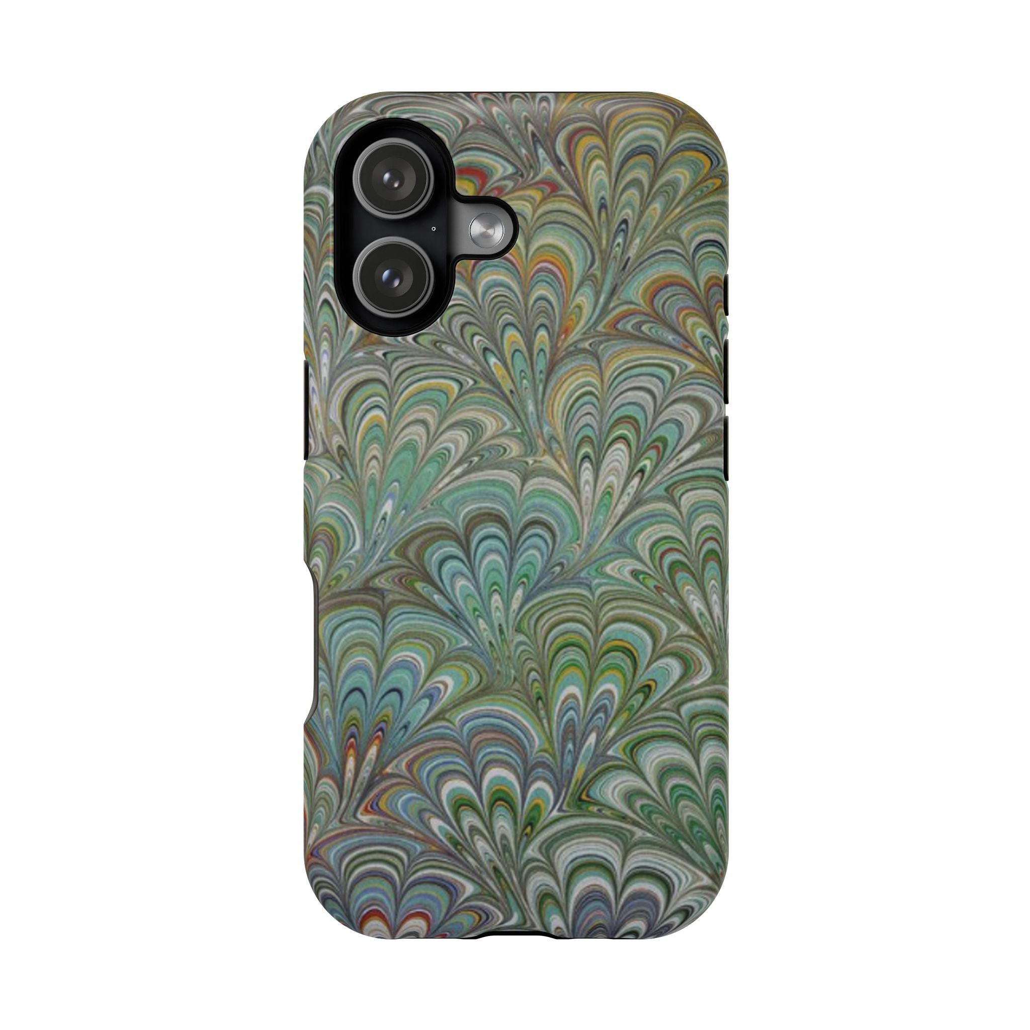 iPhone17 + All Models Phone Cases, Italian Peacock Feather Design, Stylish Impact-Resistant Shell, Protective Cover, Green Peacock Print