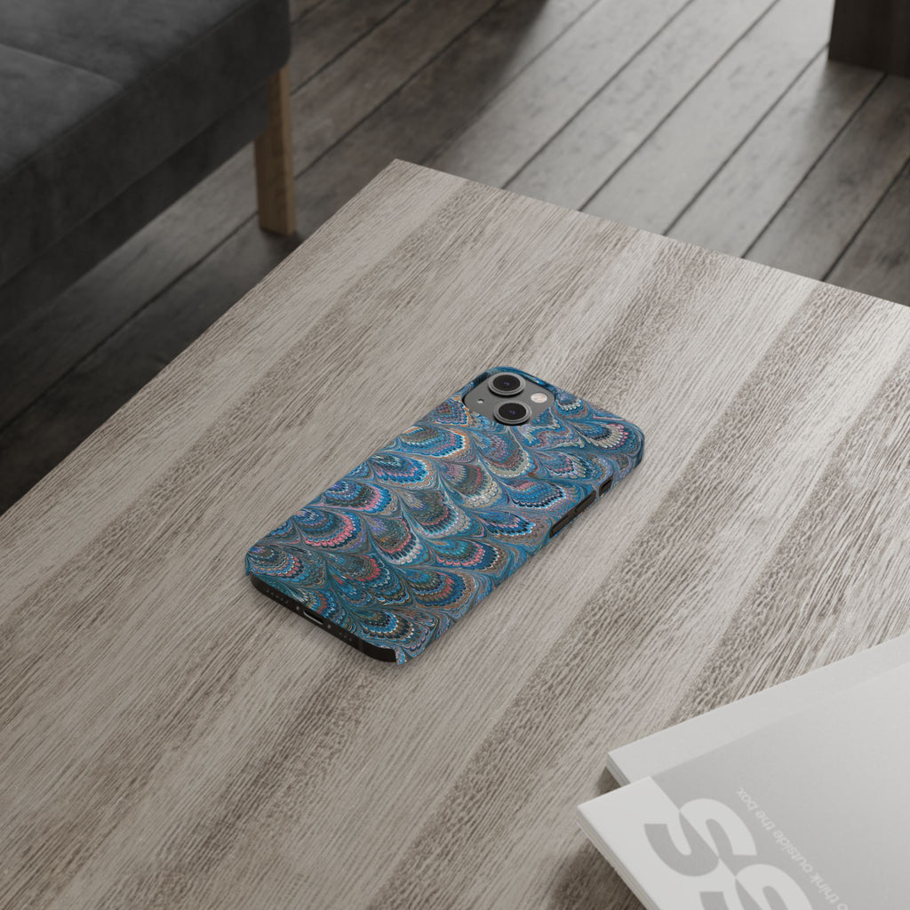 Blue and Pink FEATHER PEACKOCK Marbled VIntage Design, Italian Feather Phone Case, Slim Phone Cases, IPHONE 16 and all sizes