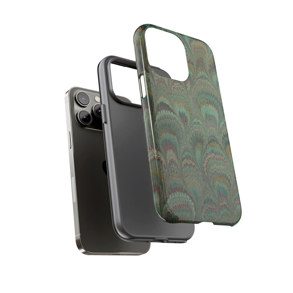 Marbled Peacock Durable Phone Case - Olive Green and Brown - Matte or Glossy