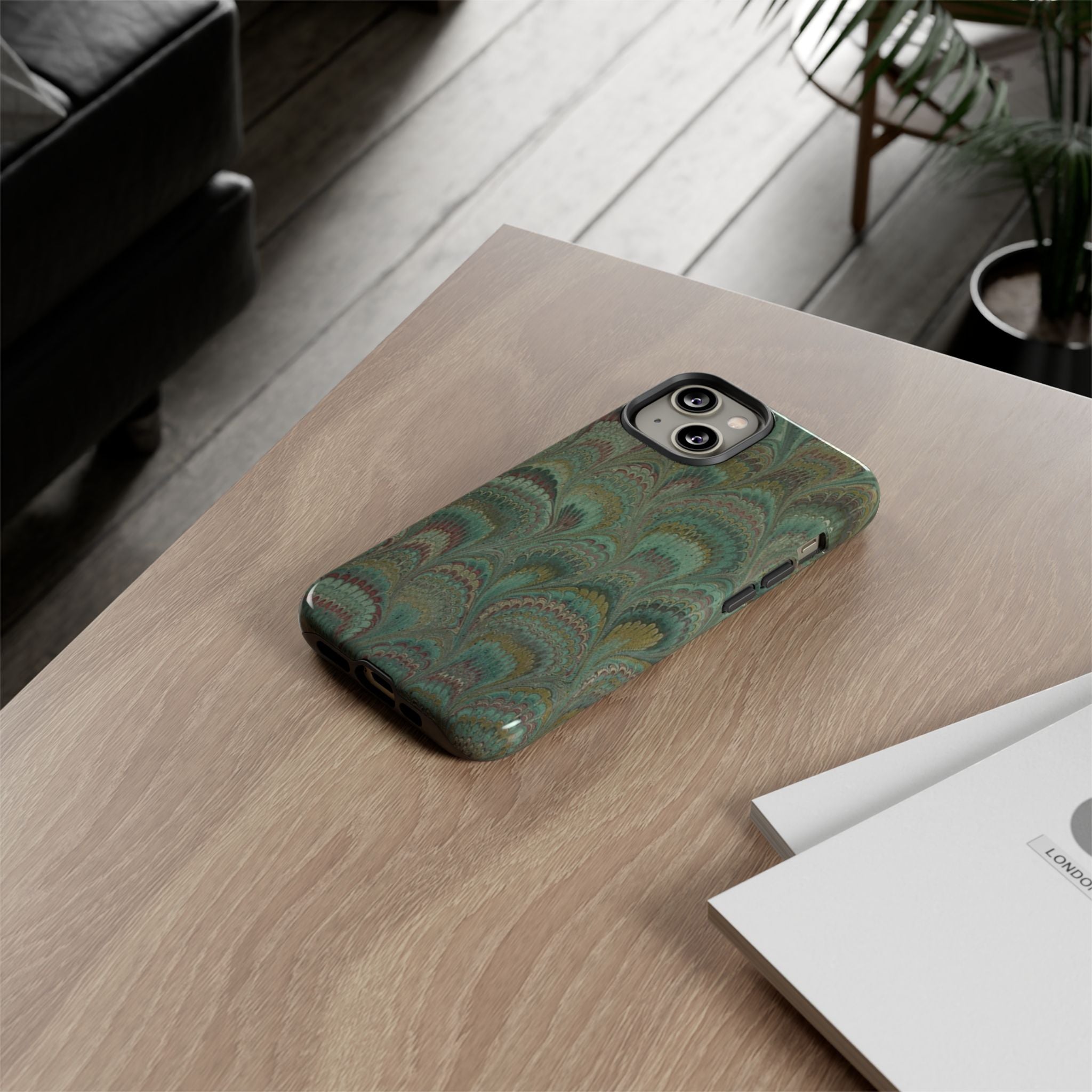 Marbled Peacock Durable Phone Case - Olive Green and Brown - Matte or Glossy