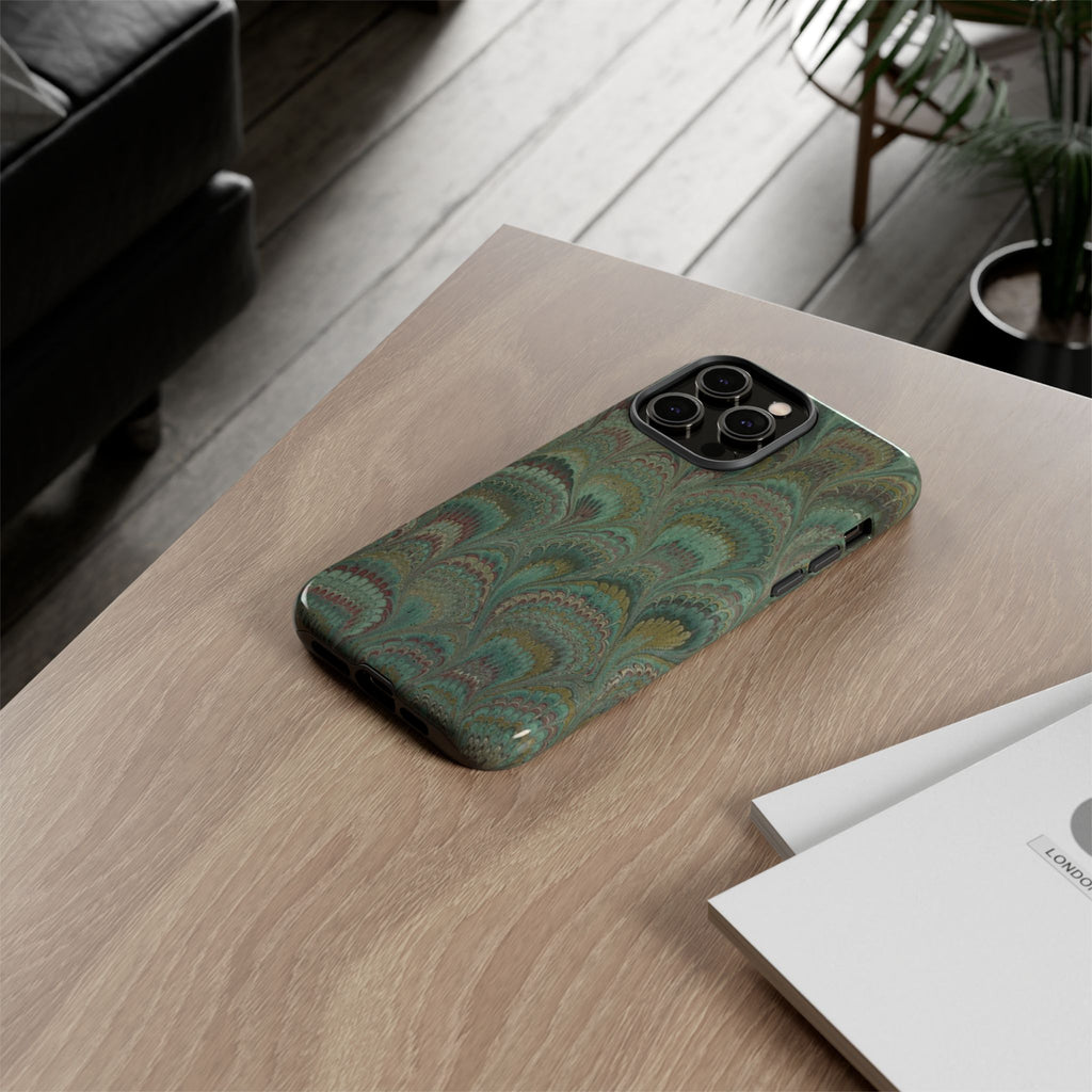 Marbled Peacock Durable Phone Case - Olive Green and Brown - Matte or Glossy
