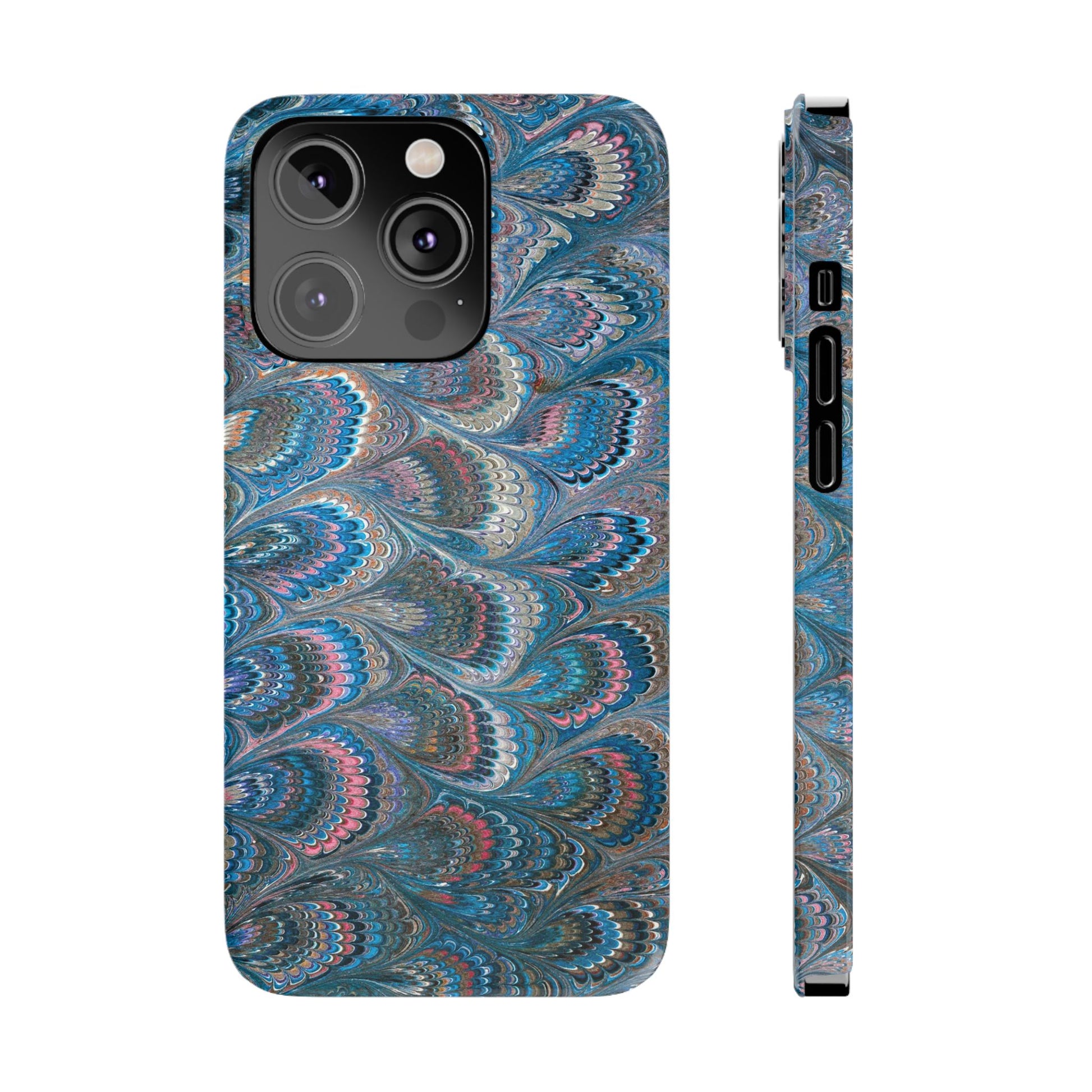 Blue and Pink FEATHER PEACKOCK Marbled VIntage Design, Italian Feather Phone Case, Slim Phone Cases, IPHONE 16 and all sizes