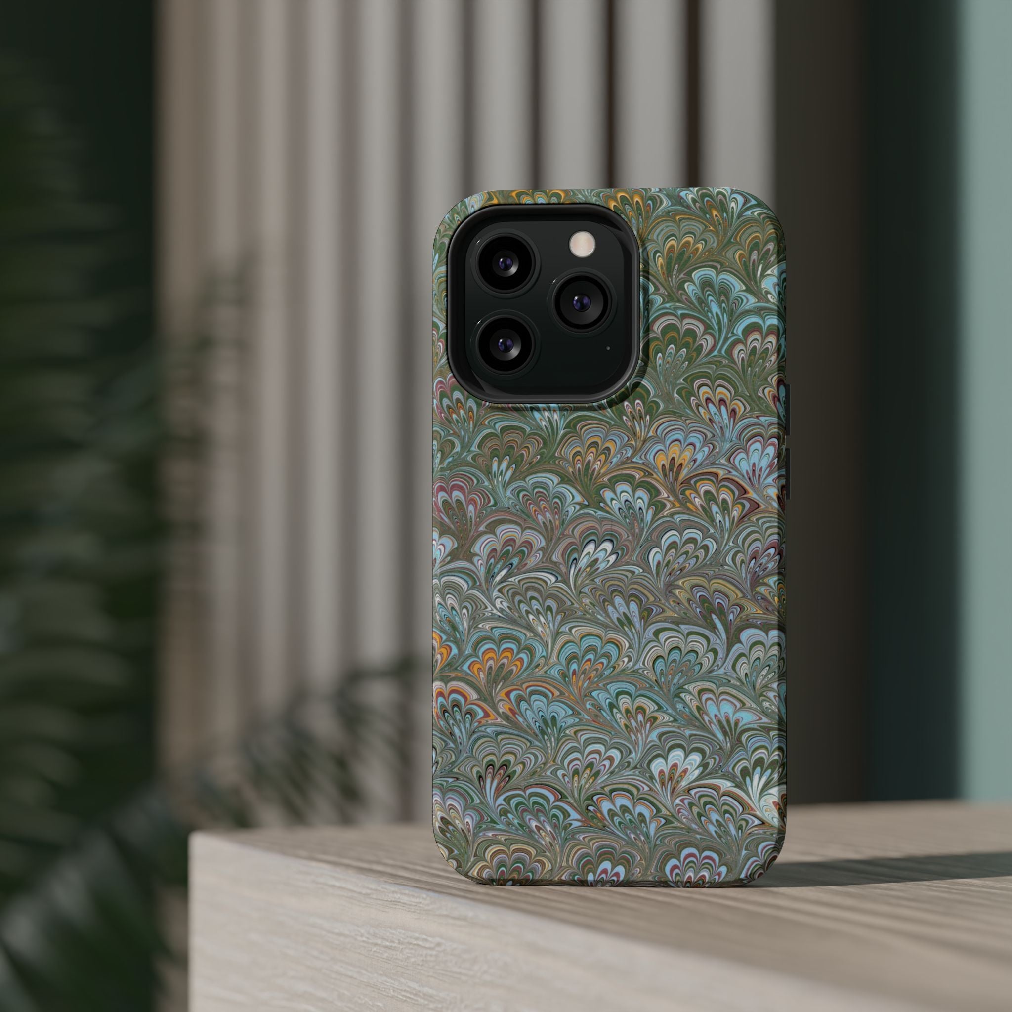 Green, Blue, + White Marbled Peacock - Dual Layer MAG SAFE Phone Case