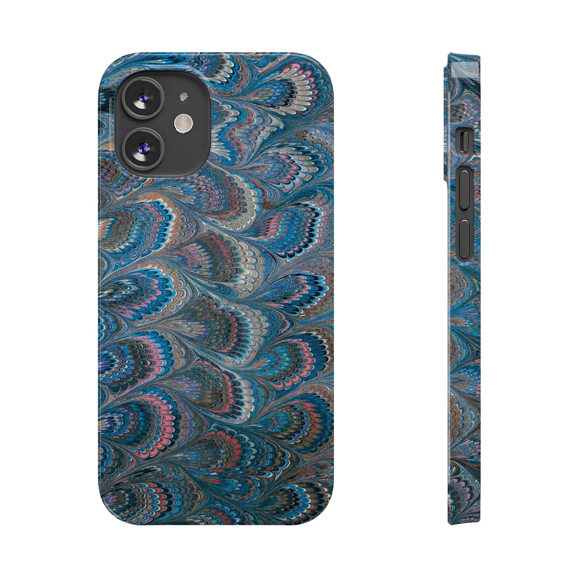 Blue and Pink FEATHER PEACKOCK Marbled VIntage Design, Italian Feather Phone Case, Slim Phone Cases, IPHONE 16 and all sizes