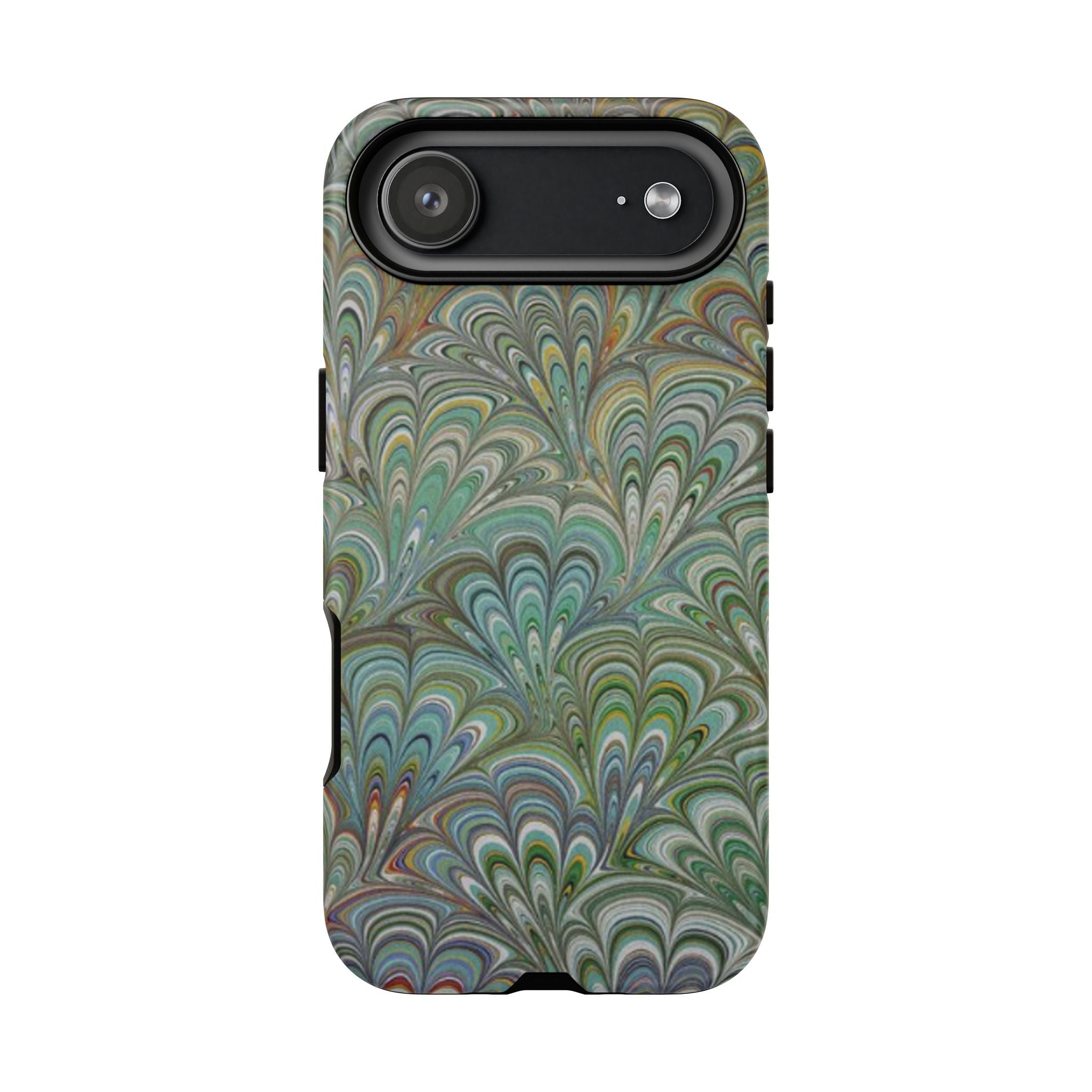 Green Marbled Peacock Durable Phone Case - Olive Green and Brown - Matte or Glossy