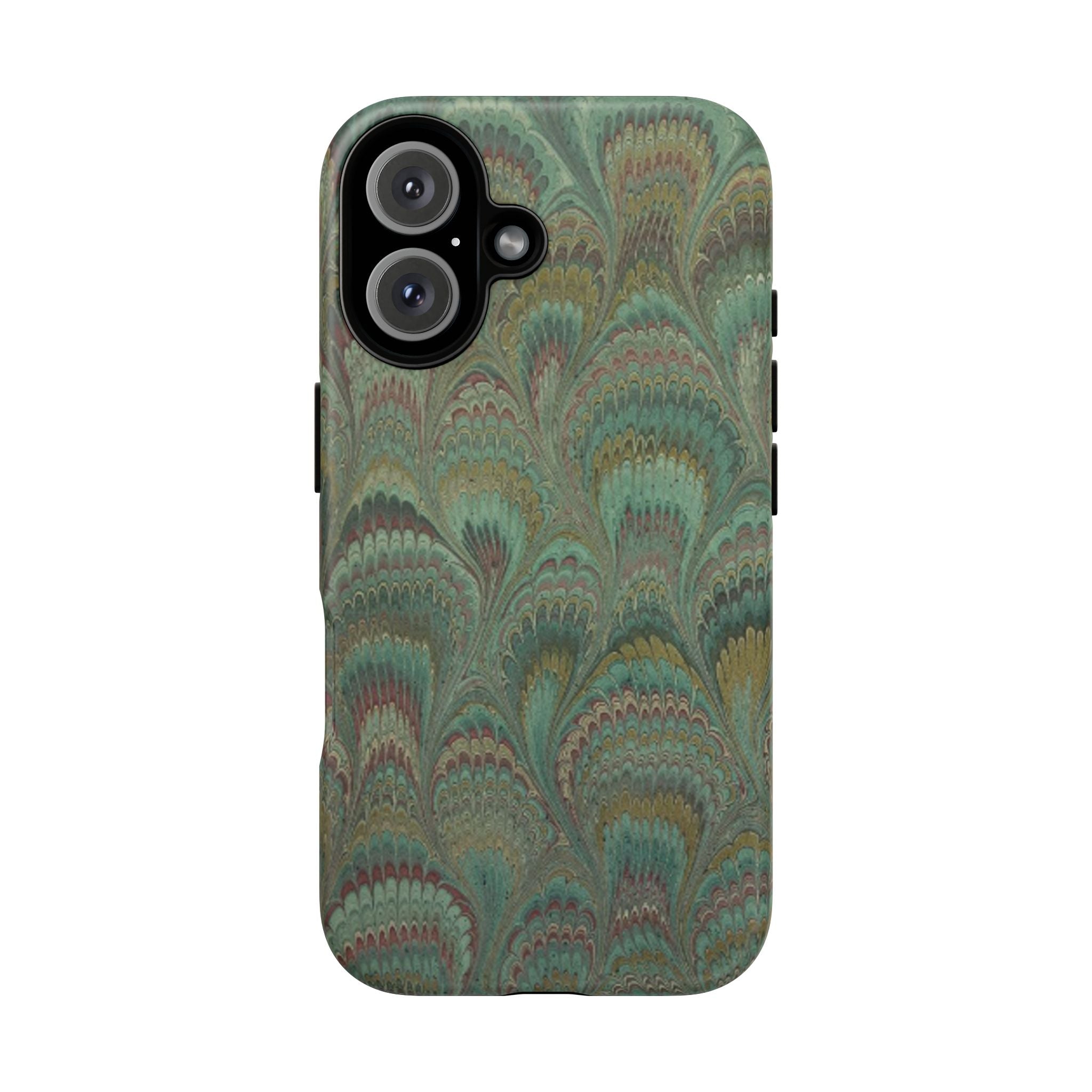 Marbled Peacock Durable Phone Case - Olive Green and Brown - Matte or Glossy
