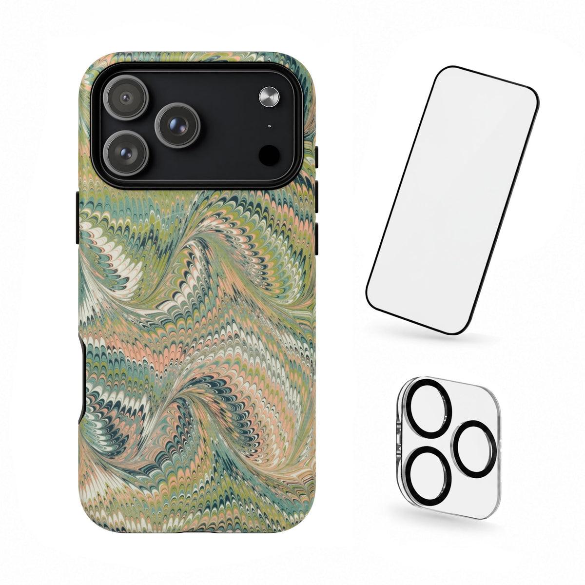 Florentine Marble iPhone Case | Inspired by Florence | Italian Marbled Paper Technique | Artisanal Green Swirl | Dual-Layer Protective Case | Matte or Glossy