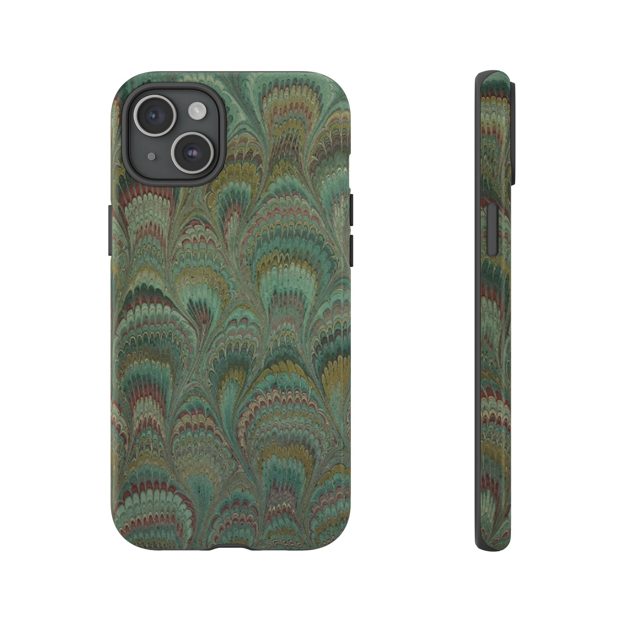 Marbled Peacock Durable Phone Case - Olive Green and Brown - Matte or Glossy