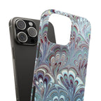 Marbled Feather Blue, White + Burgundy Swirl - Single Layer Slim Phone Case