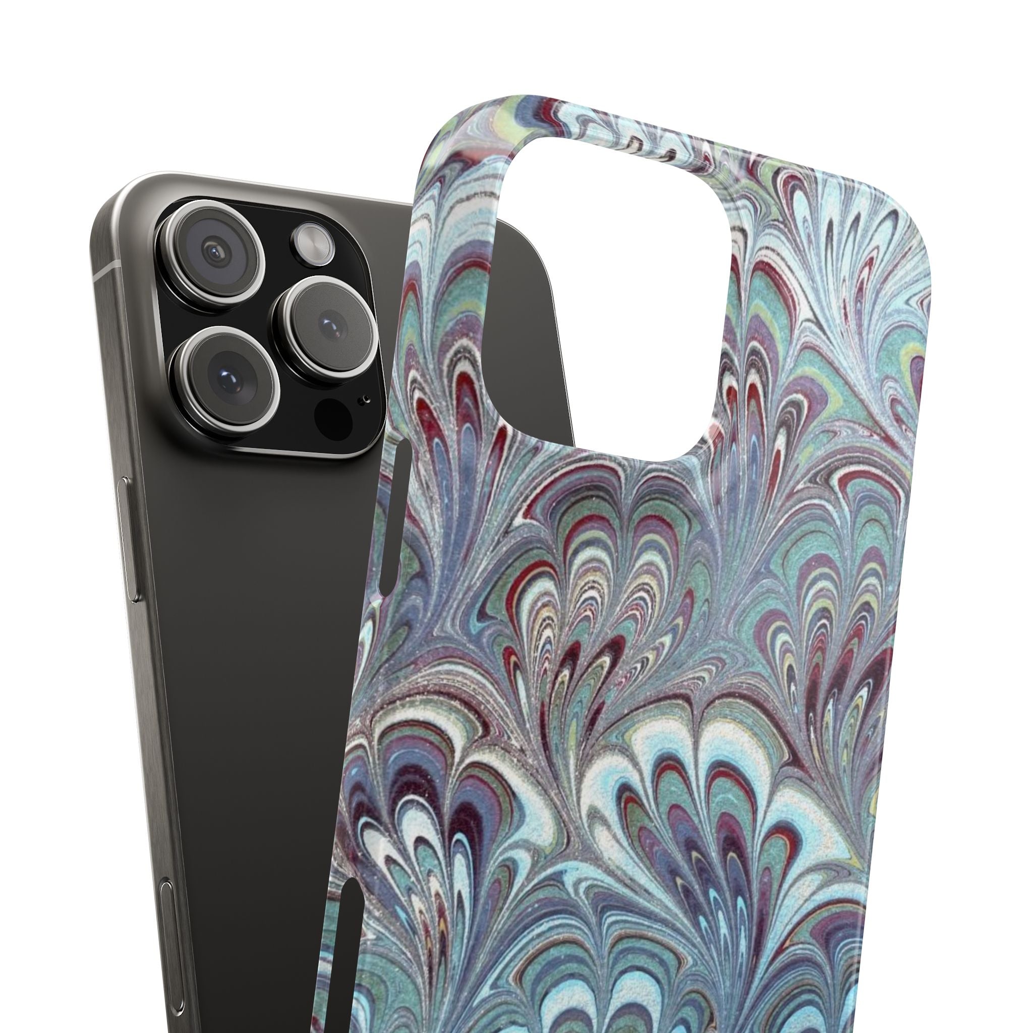 Marbled Feather Blue, White + Burgundy Swirl - Single Layer Slim Phone Case