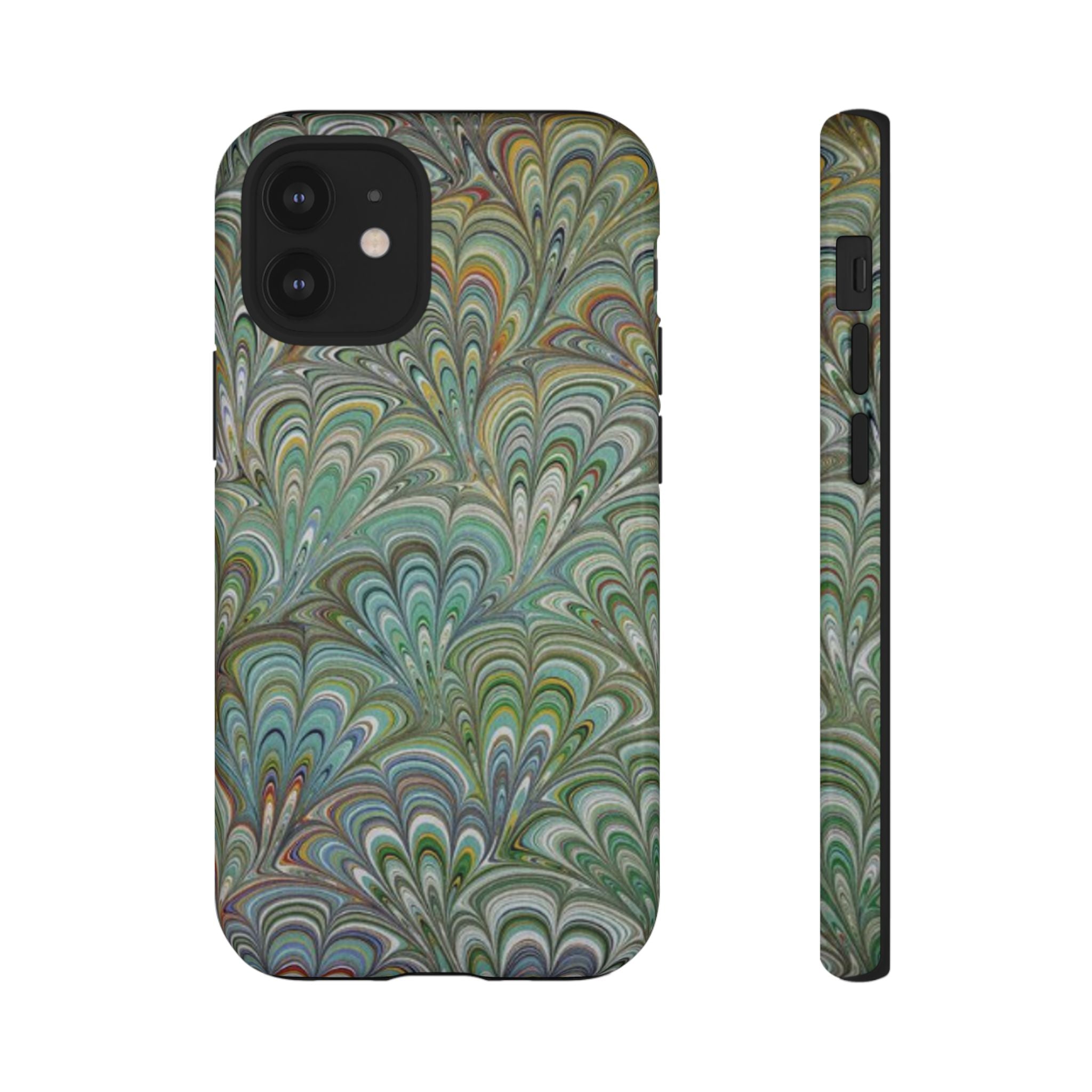 Green Marbled Peacock Durable Phone Case - Olive Green and Brown - Matte or Glossy