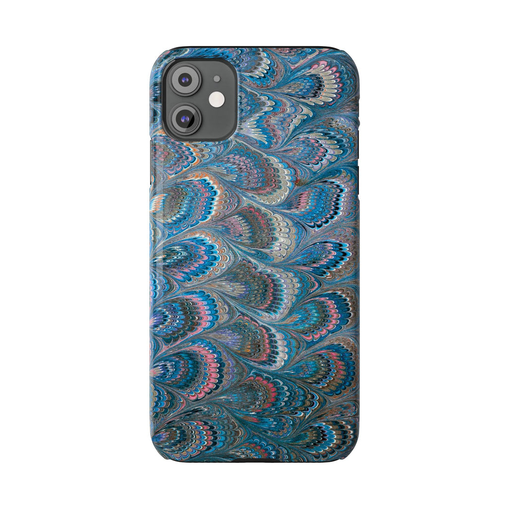 Blue and Pink FEATHER PEACKOCK Marbled VIntage Design, Italian Feather Phone Case, Slim Phone Cases, IPHONE 16 and all sizes
