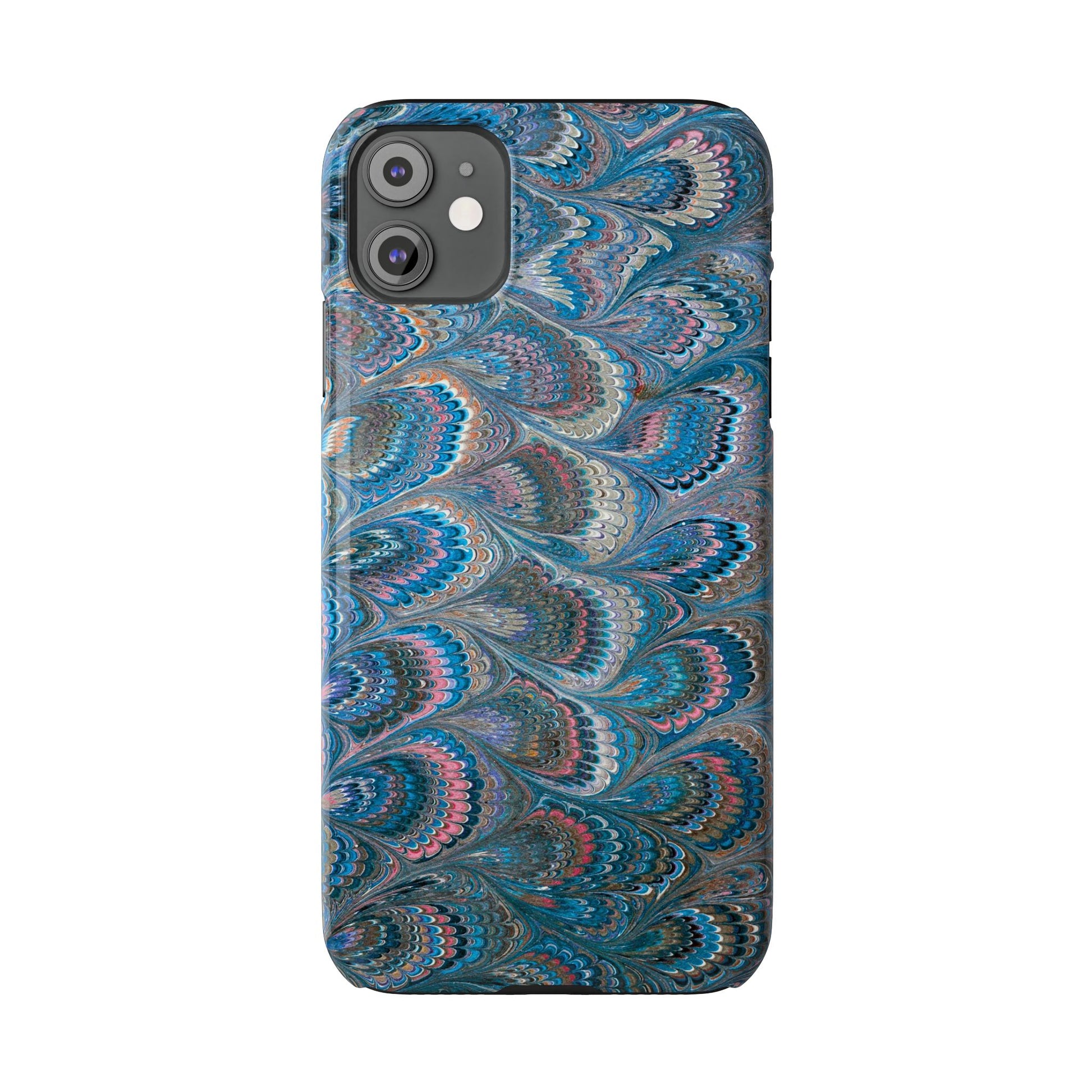 Blue and Pink FEATHER PEACKOCK Marbled VIntage Design, Italian Feather Phone Case, Slim Phone Cases, IPHONE 16 and all sizes