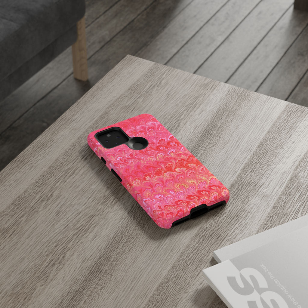 Pink and Gold Marbled Peacock Durable Phone Case - Olive Green and Brown - Matte or Glossy
