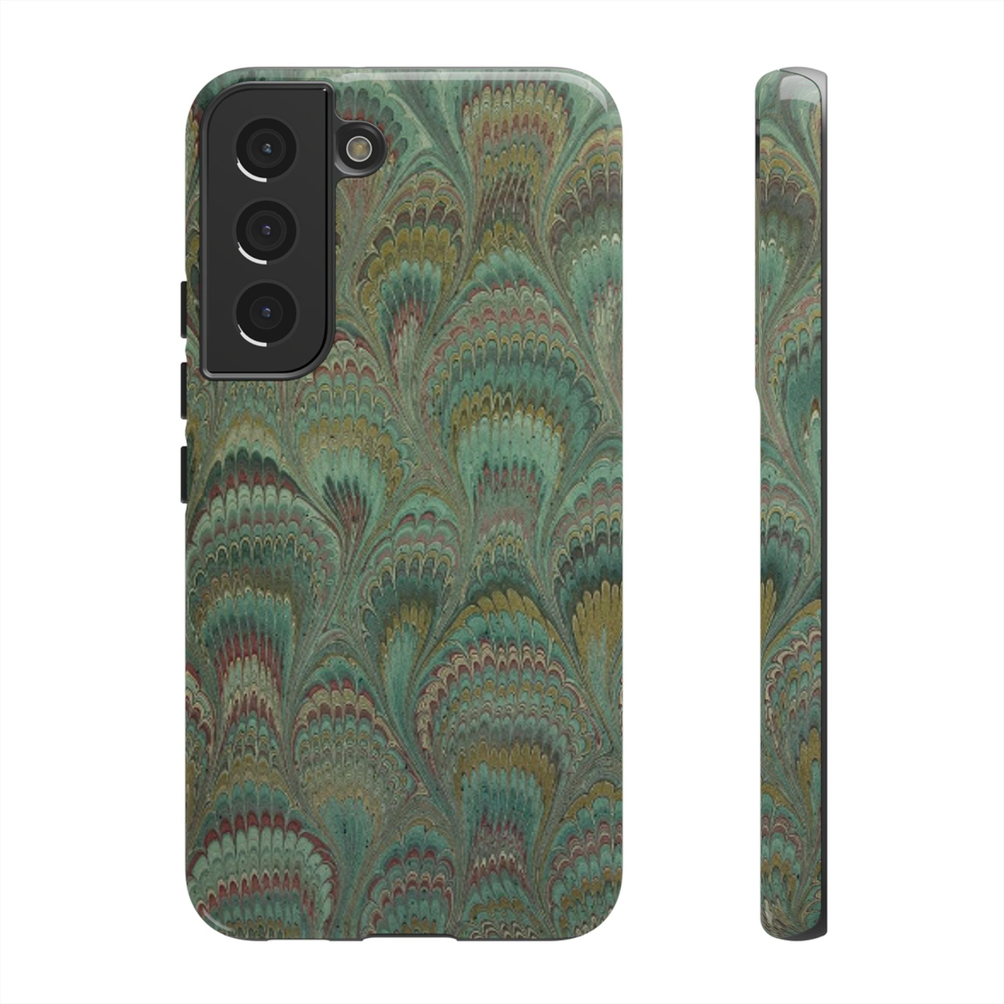 Marbled Peacock Durable Phone Case - Olive Green and Brown - Matte or Glossy