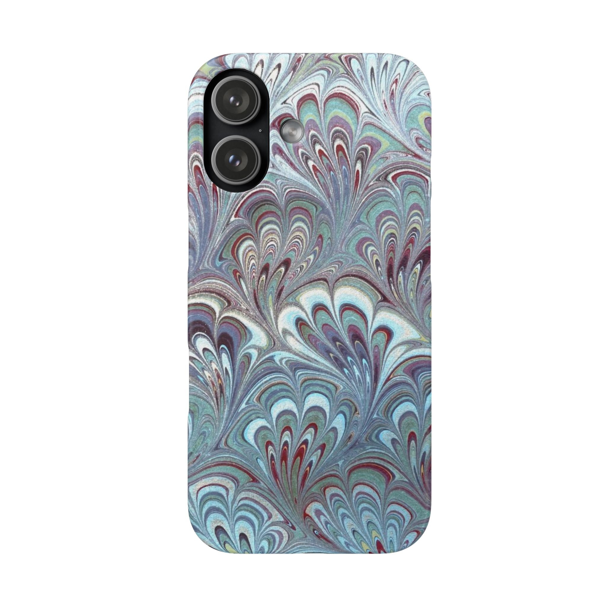 Marbled Feather Blue, White + Burgundy Swirl - Single Layer Slim Phone Case