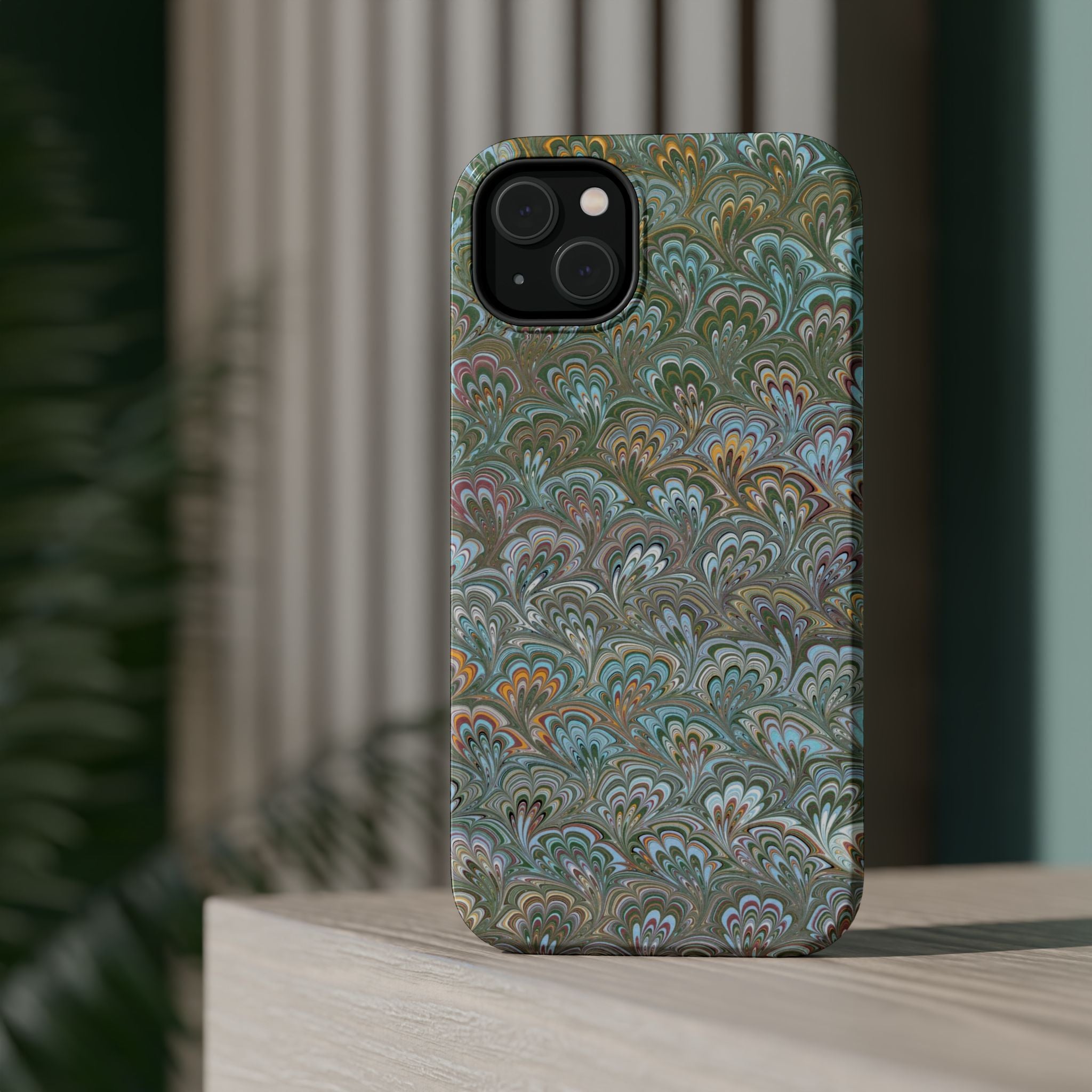 Green, Blue, + White Marbled Peacock - Dual Layer MAG SAFE Phone Case