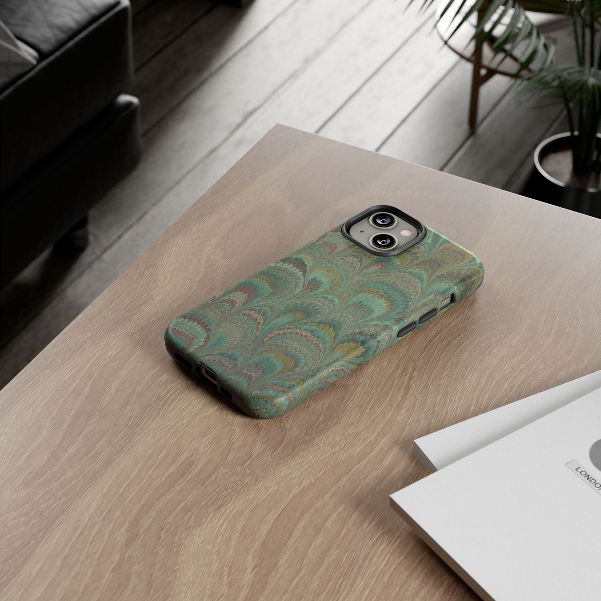 Marbled Peacock Durable Phone Case - Olive Green and Brown - Matte or Glossy